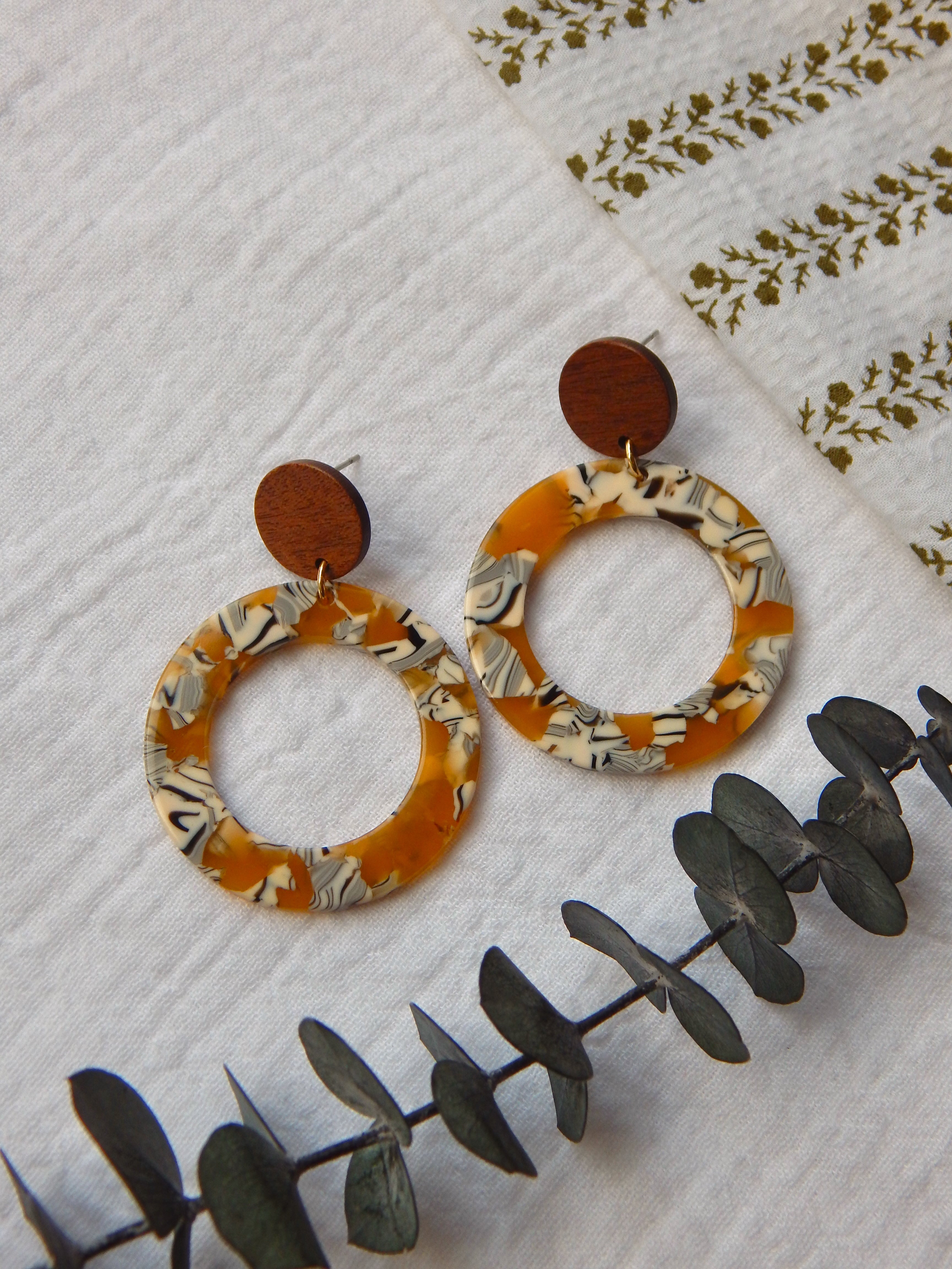 Solana Hoop Earrings – Resin Boho Hoop with Natural Wood Stud | Lightweight, Hypoallergenic, Gold Plated