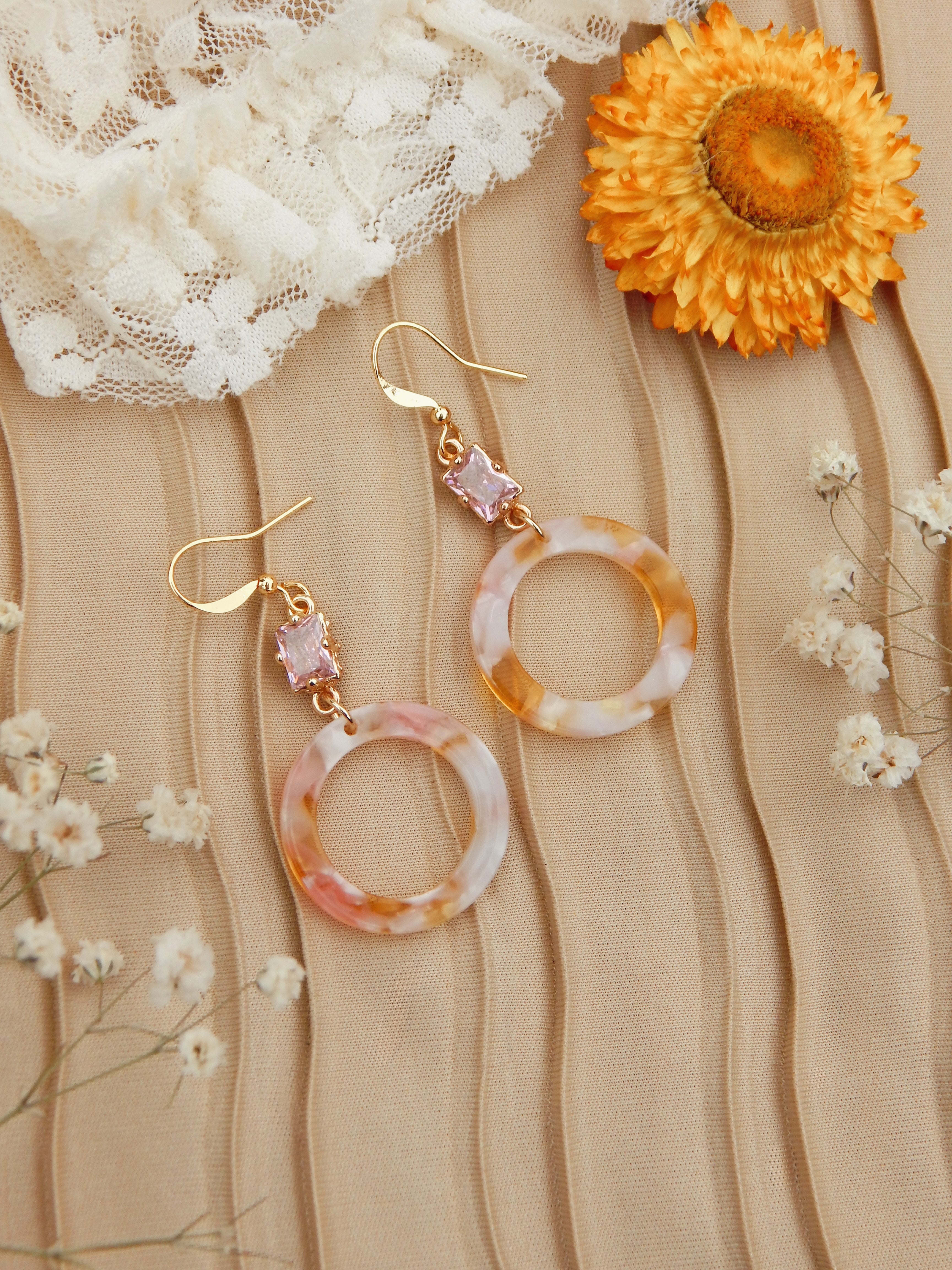 Sunset Hoop Drop Earrings – Pink & Orange Resin with Light-Pink Cubic Zirconia