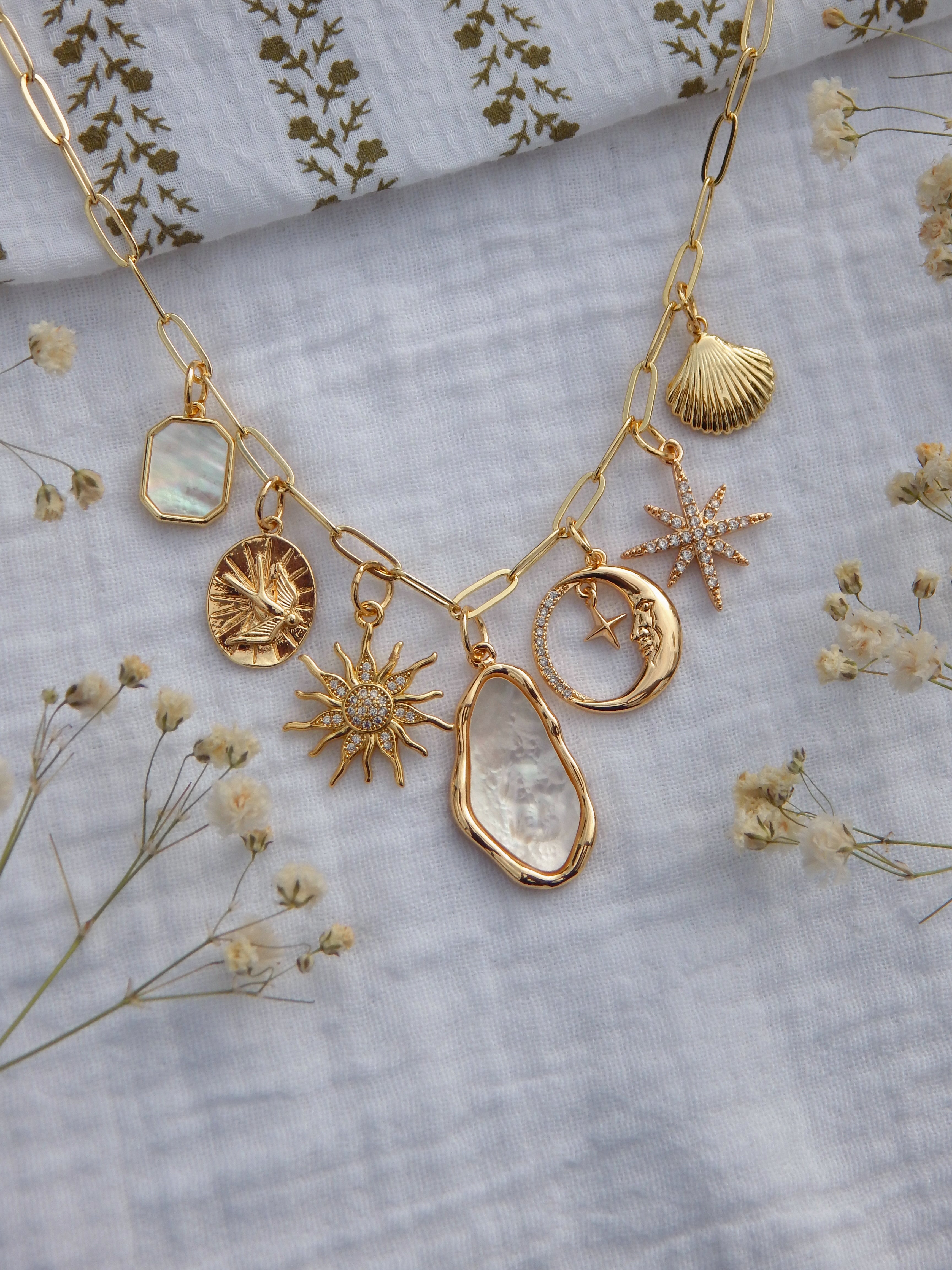 One-of-a-Kind Coastal Celestial Charm Necklace | Mother of Pearl Pendant | CZ Sun & Starburst | Moon & Star Charm | Gold Bird & Seashell | 18β Paperclip Chain