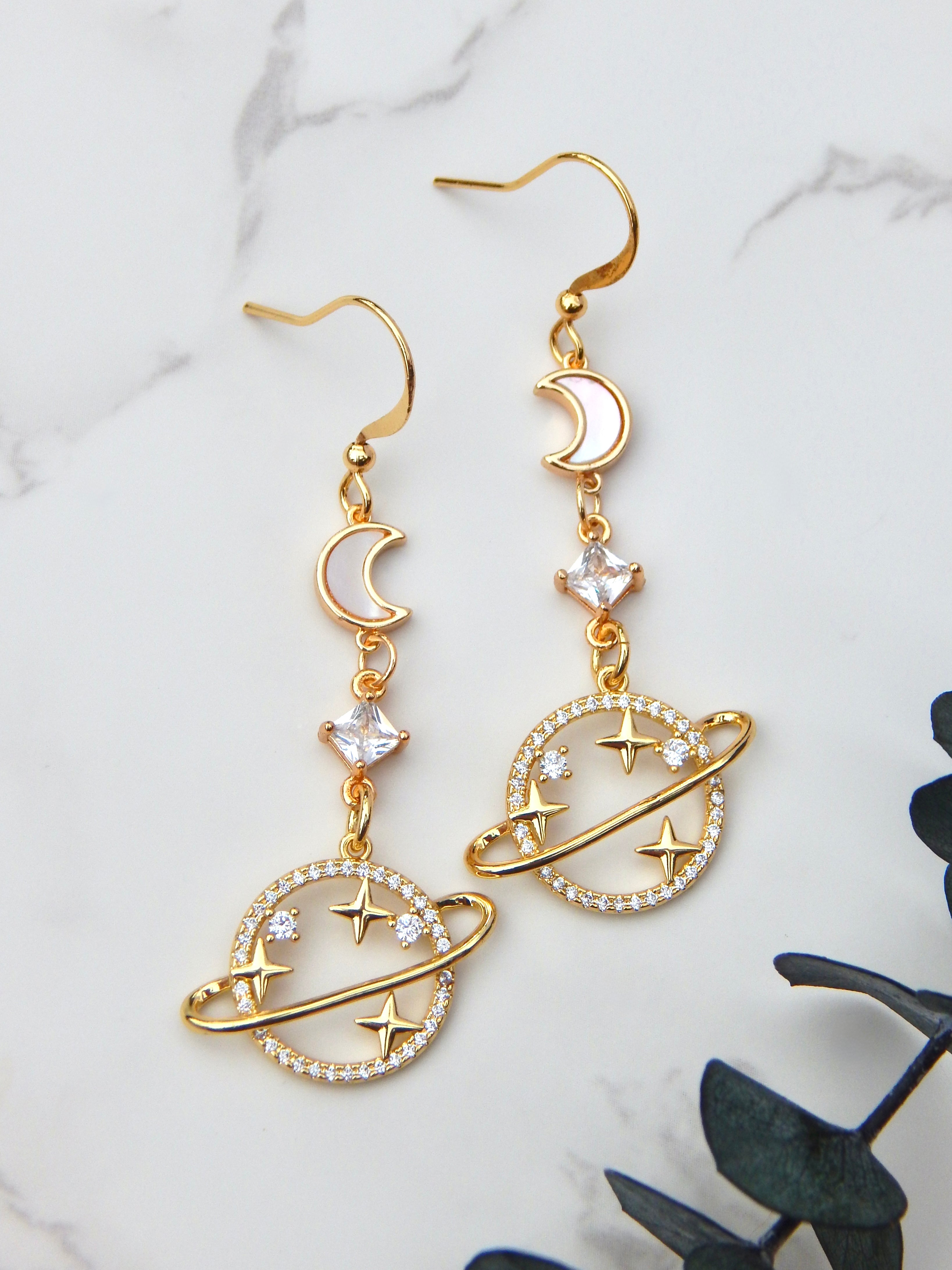 Galaxy Earrings – Celestial Moon & Planet Statement Dangle Drops