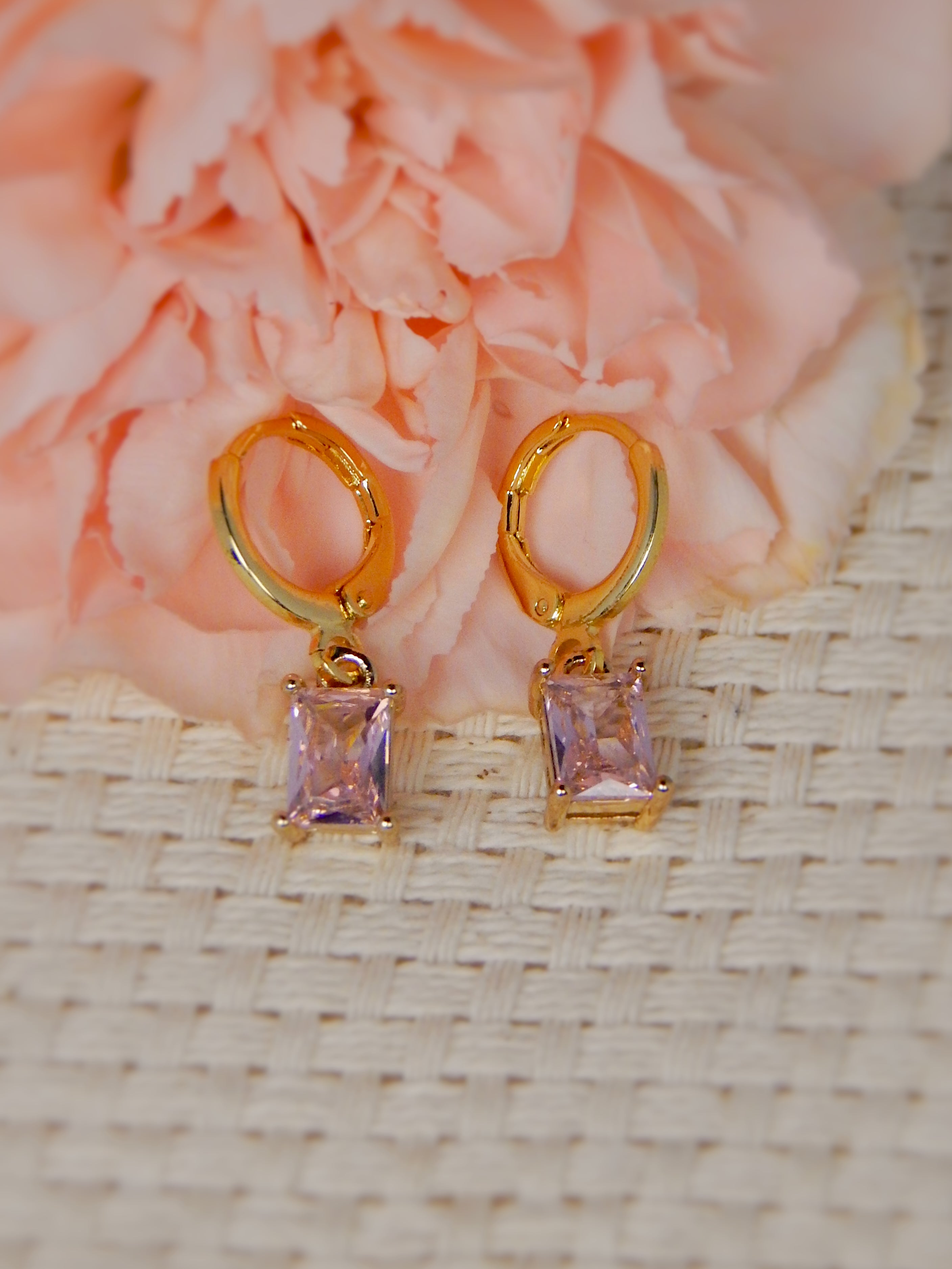 Gold huggie earrings with soft pink rectangular gemstone drop earrings