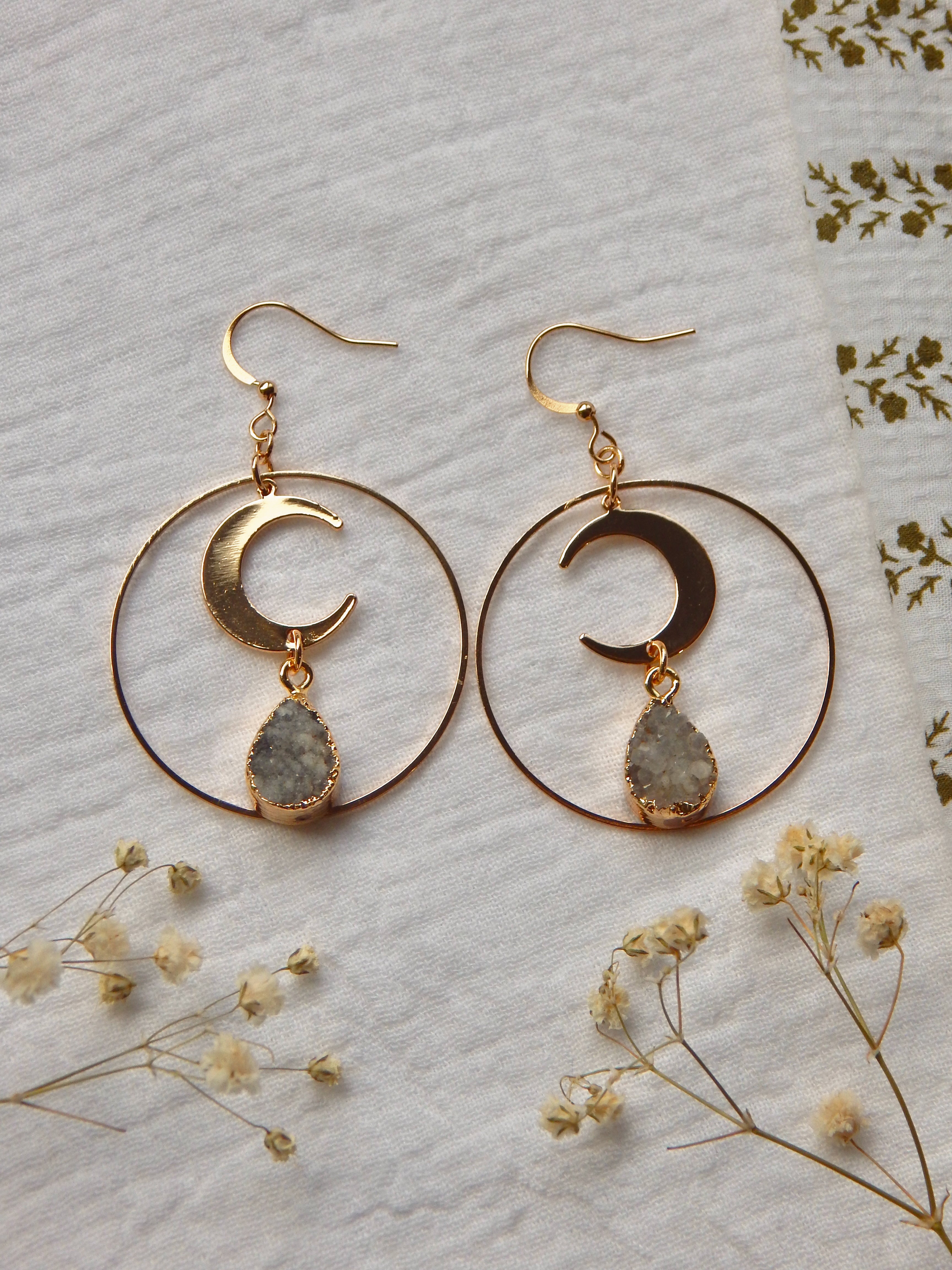 Celestial Moon Hoop Earrings – 18k Gold Plated Hoops with Natural Grey Druzy Crystal Drops