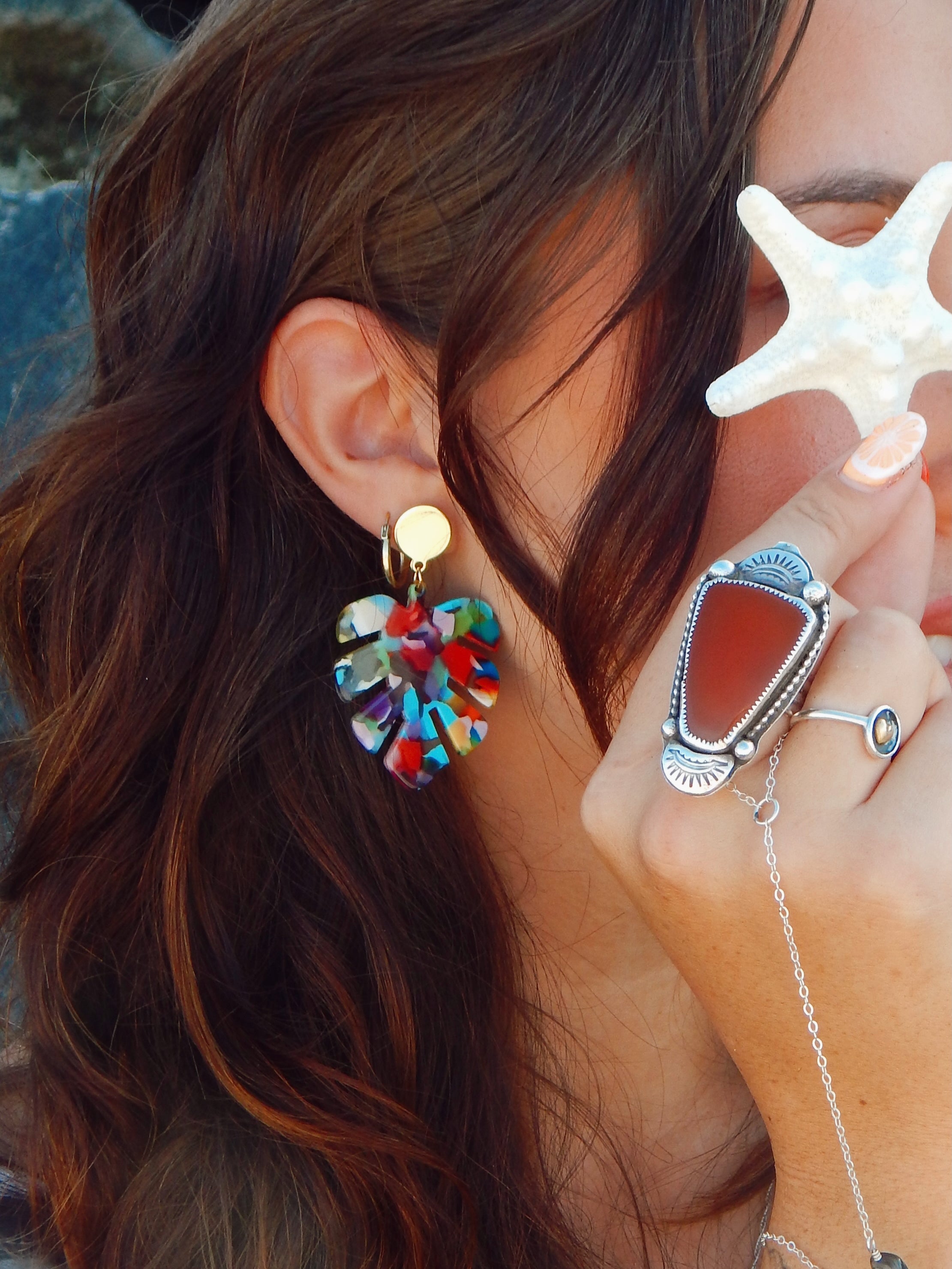 Rainbow Monstera Earrings – Bold Statement Gold Studs with Colorful Resin Leaf Design