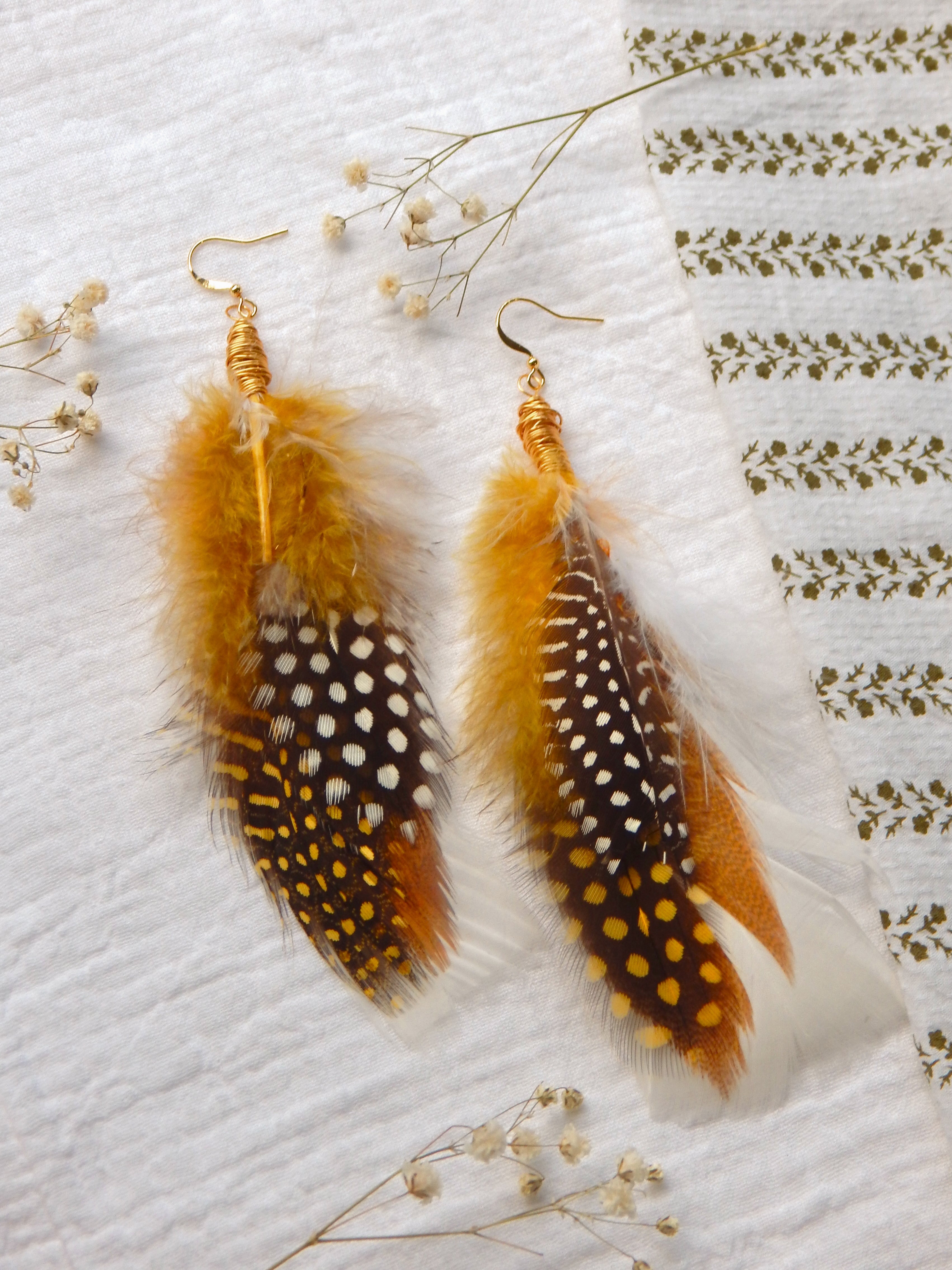 Real Feather Statement Earrings – 18k Gold Plated Wire Wrapped Boho Dangle Hooks