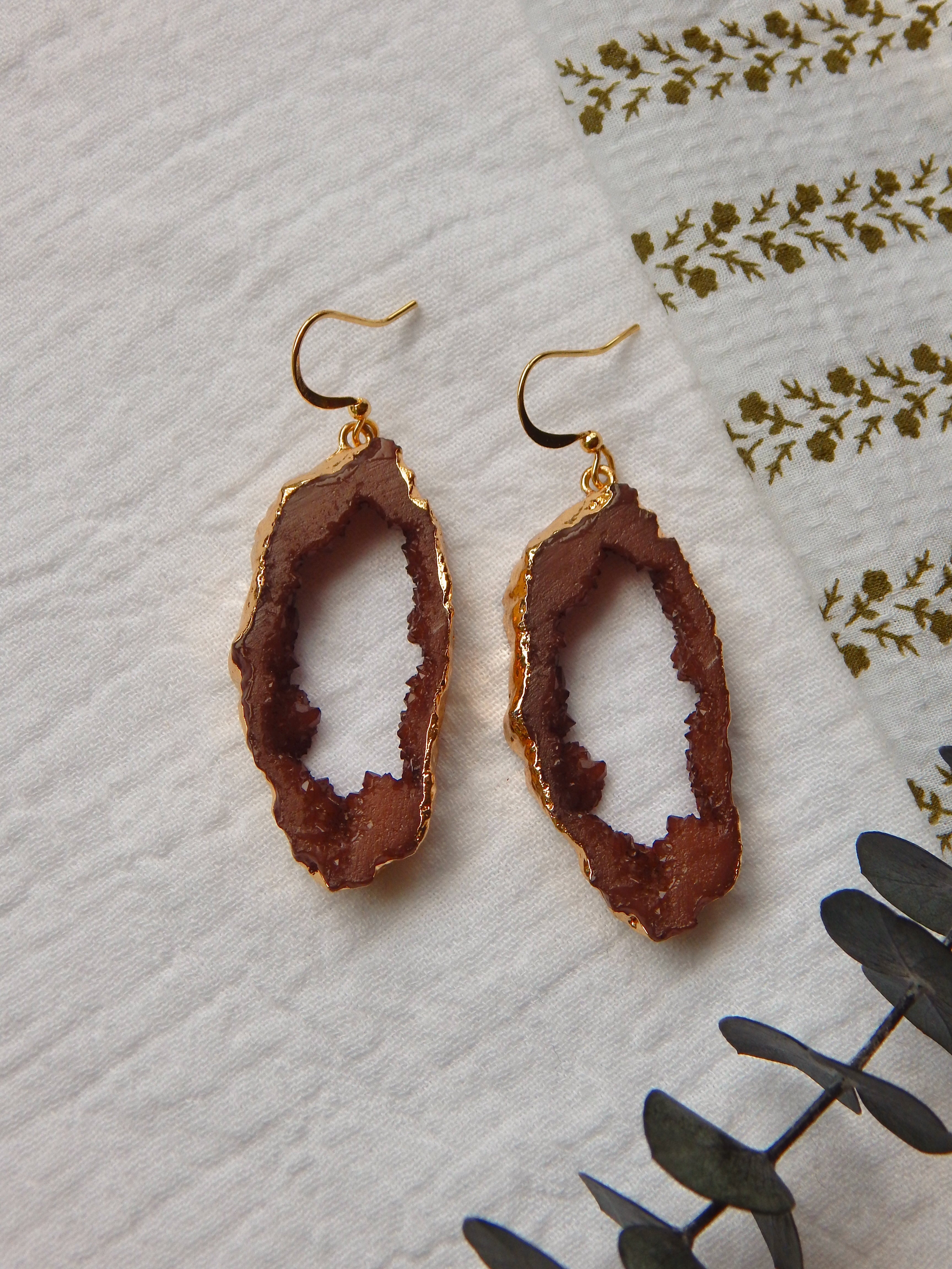 Athena Hook Earrings – Brown Druzy Drop Earrings | Boho Lightweight, Hypoallergenic, 18k Gold Plated