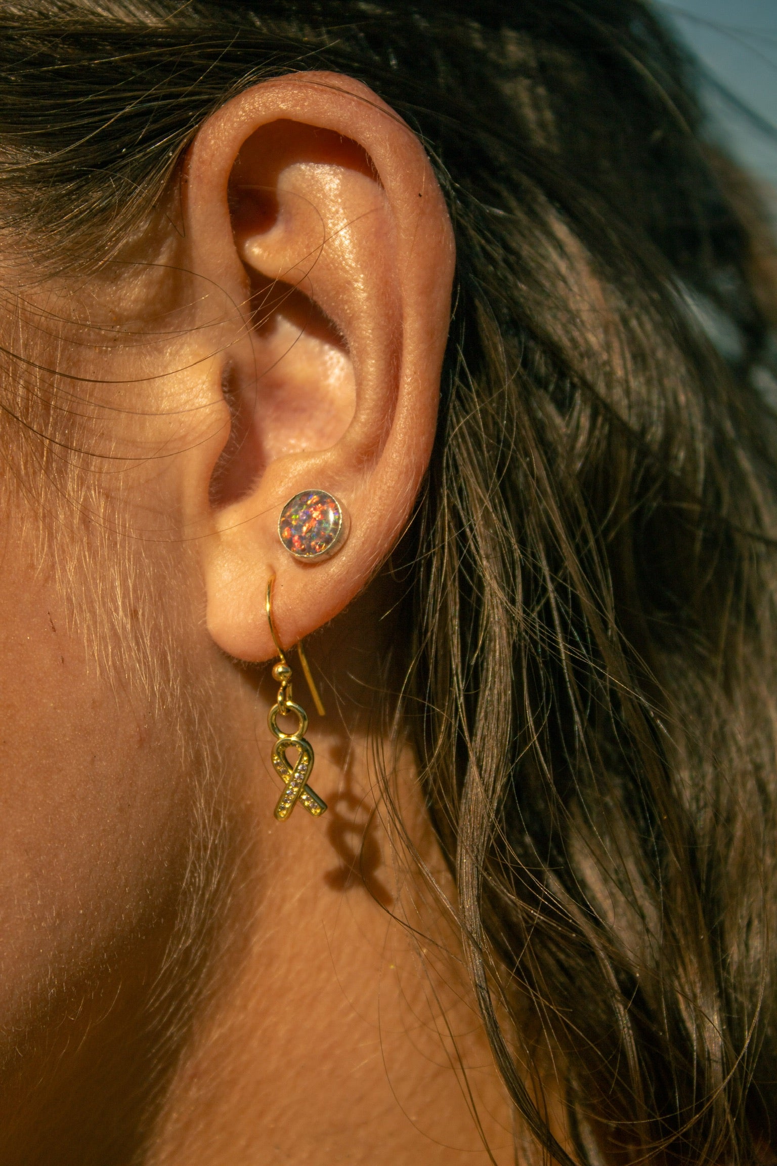 Golden Awareness Ribbon Earrings – 18k Gold Plated with Pave Cubic Zirconia