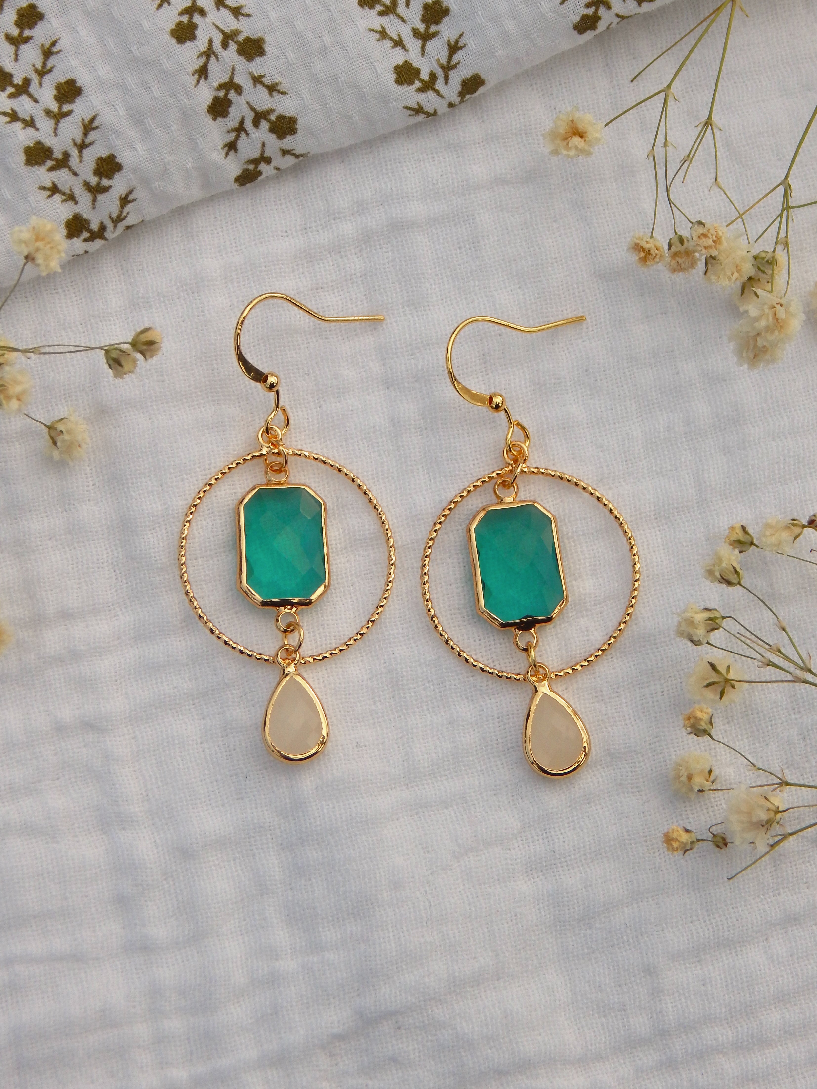 Seafoam Opal Drop Earrings – Hardened Glass Gemstone Hoops