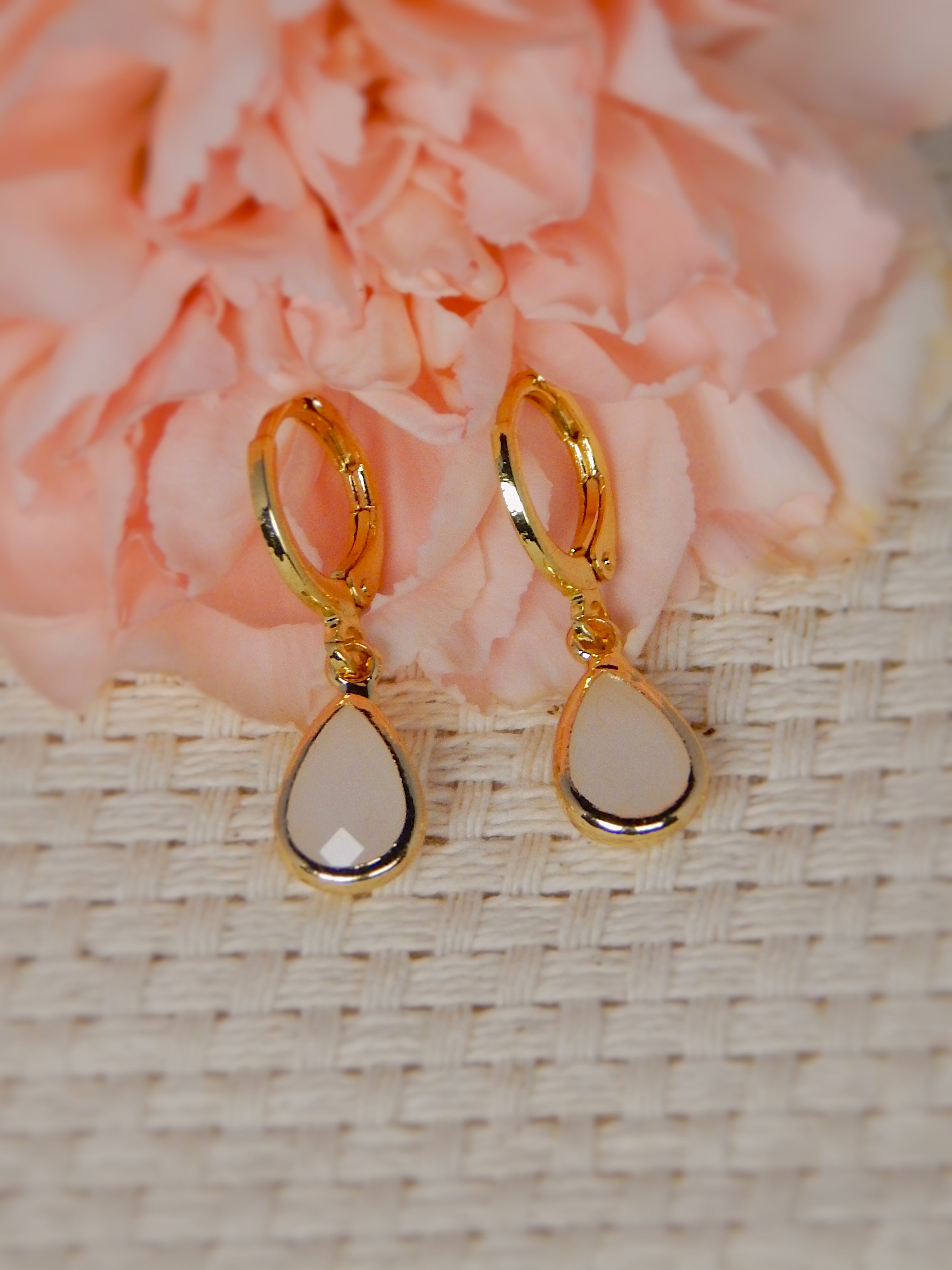 Gold huggie earrings with neutral teardrop gemstone drop, minimalist feminine jewelry