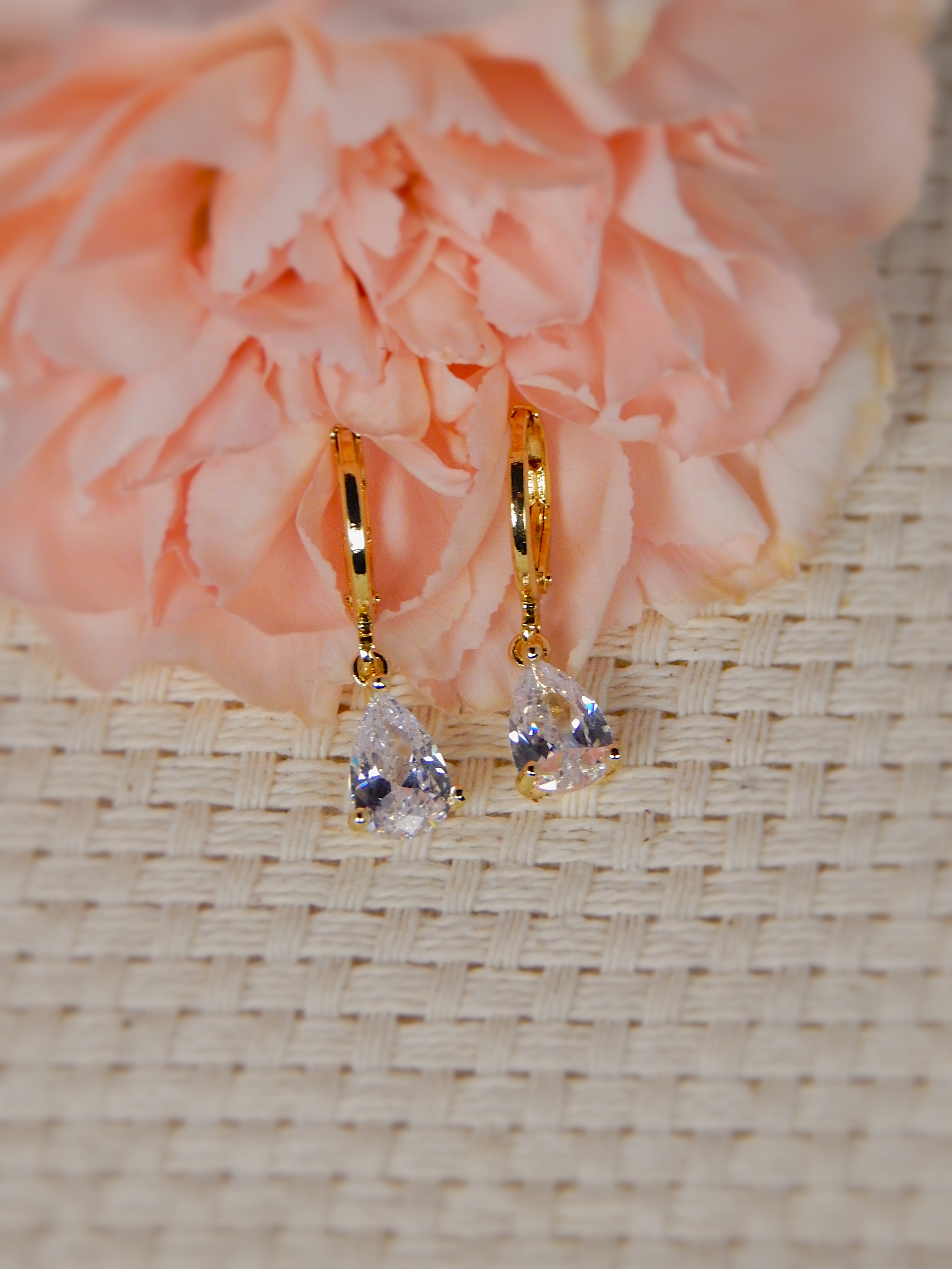 Gold huggie earrings with light lavender teardrop gemstone drop, dainty everyday jewelry