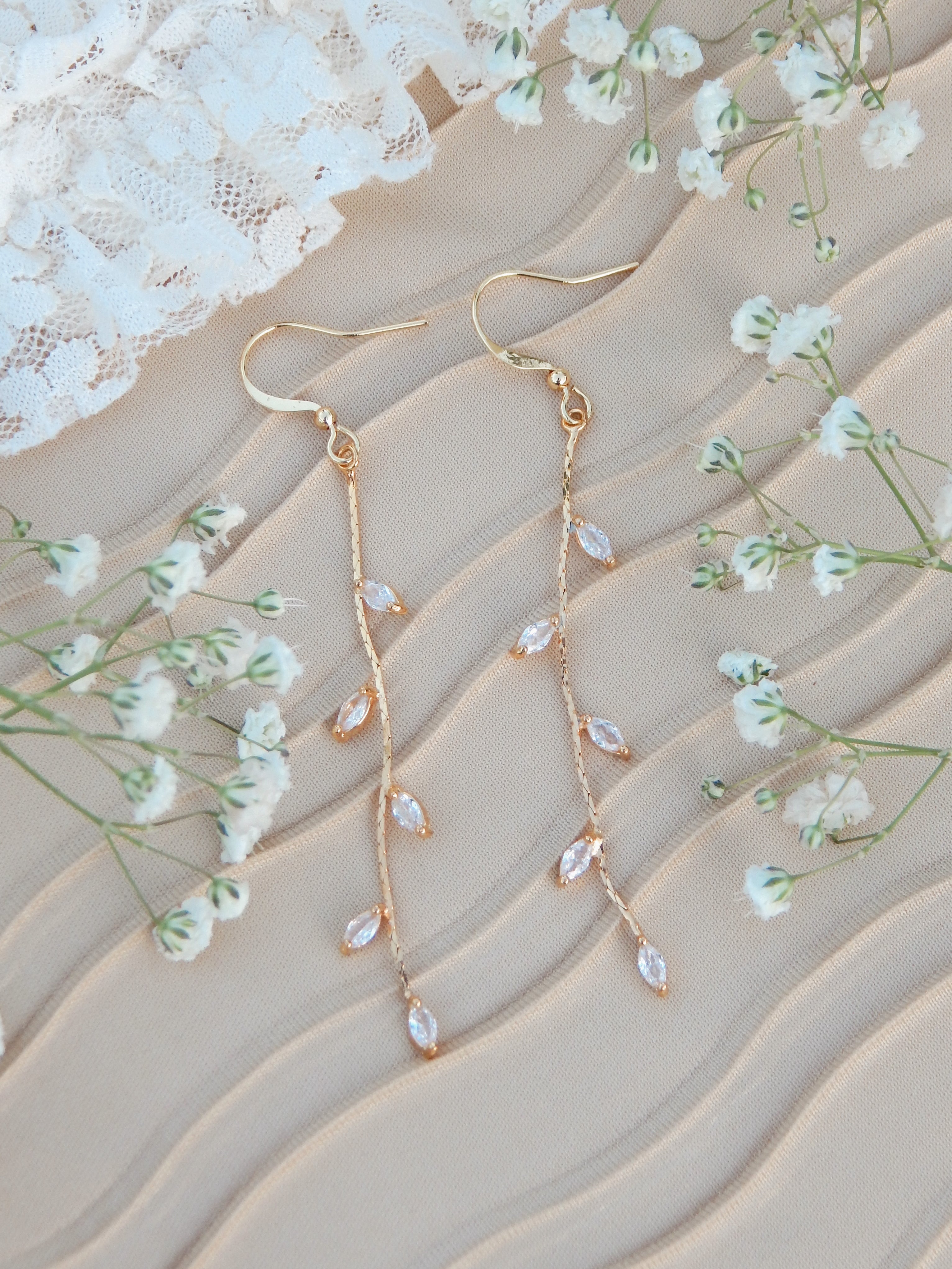 Ivy Drip Earrings – Gold & Silver Cubic Zirconia Leaf Dangle Jewelry