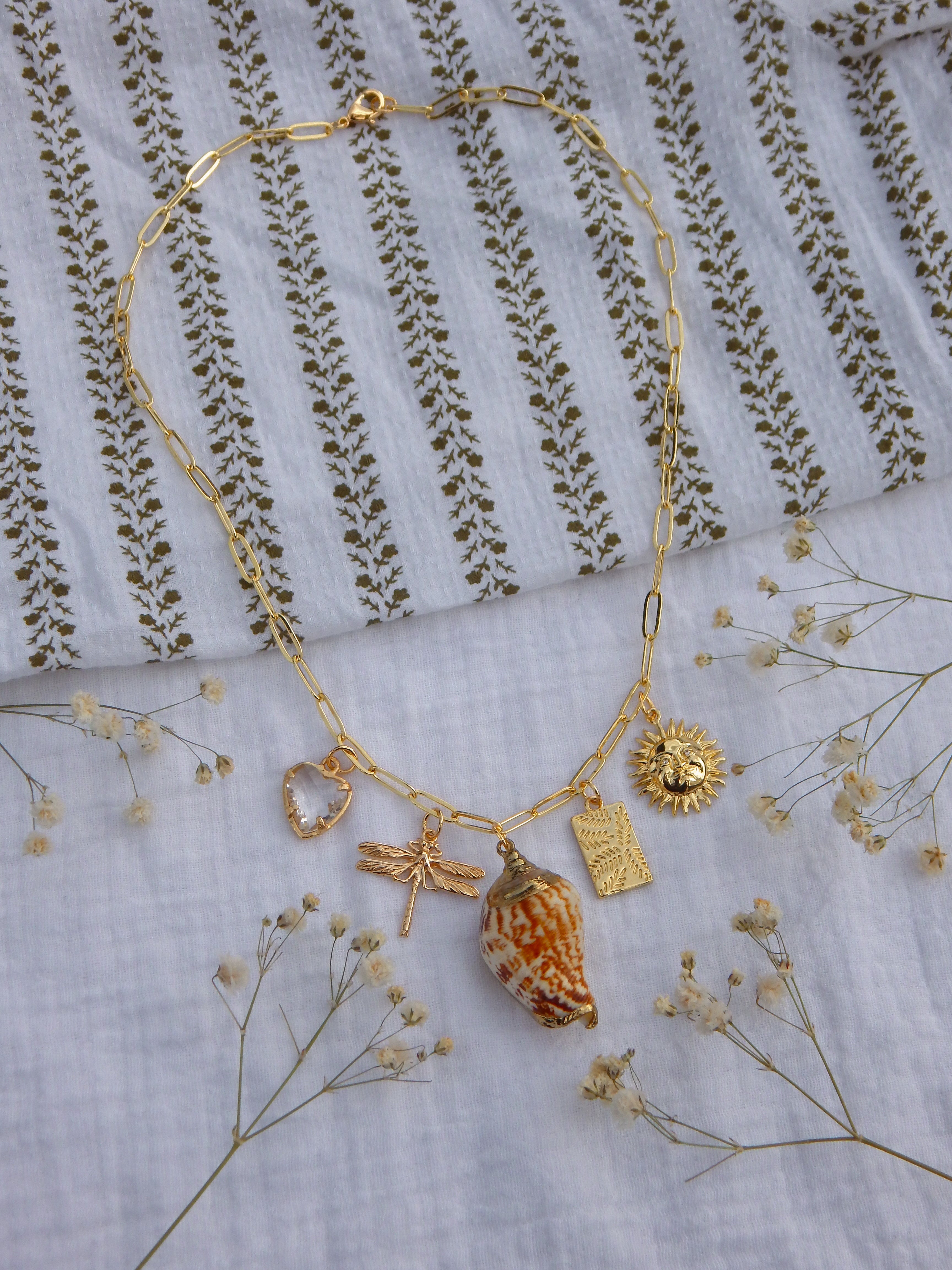 One-of-a-Kind Coastal Charm Necklace | Dragonfly Pendant, Natural Seashell, Gold Sun & Leaf Charm | Hardened Glass Heart | 18” Gold Paperclip Chain