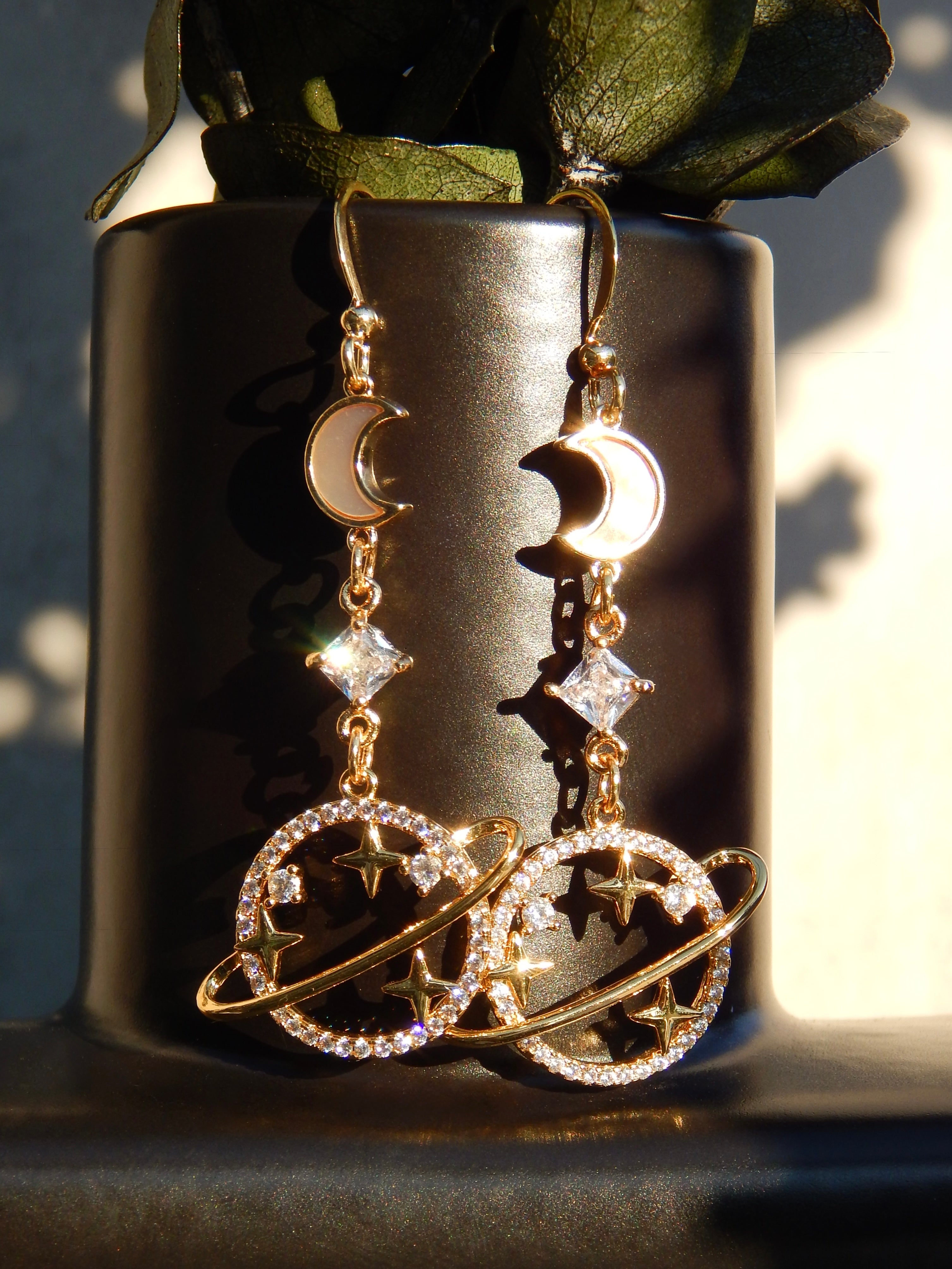 Galaxy Earrings – Celestial Moon & Planet Statement Dangle Drops