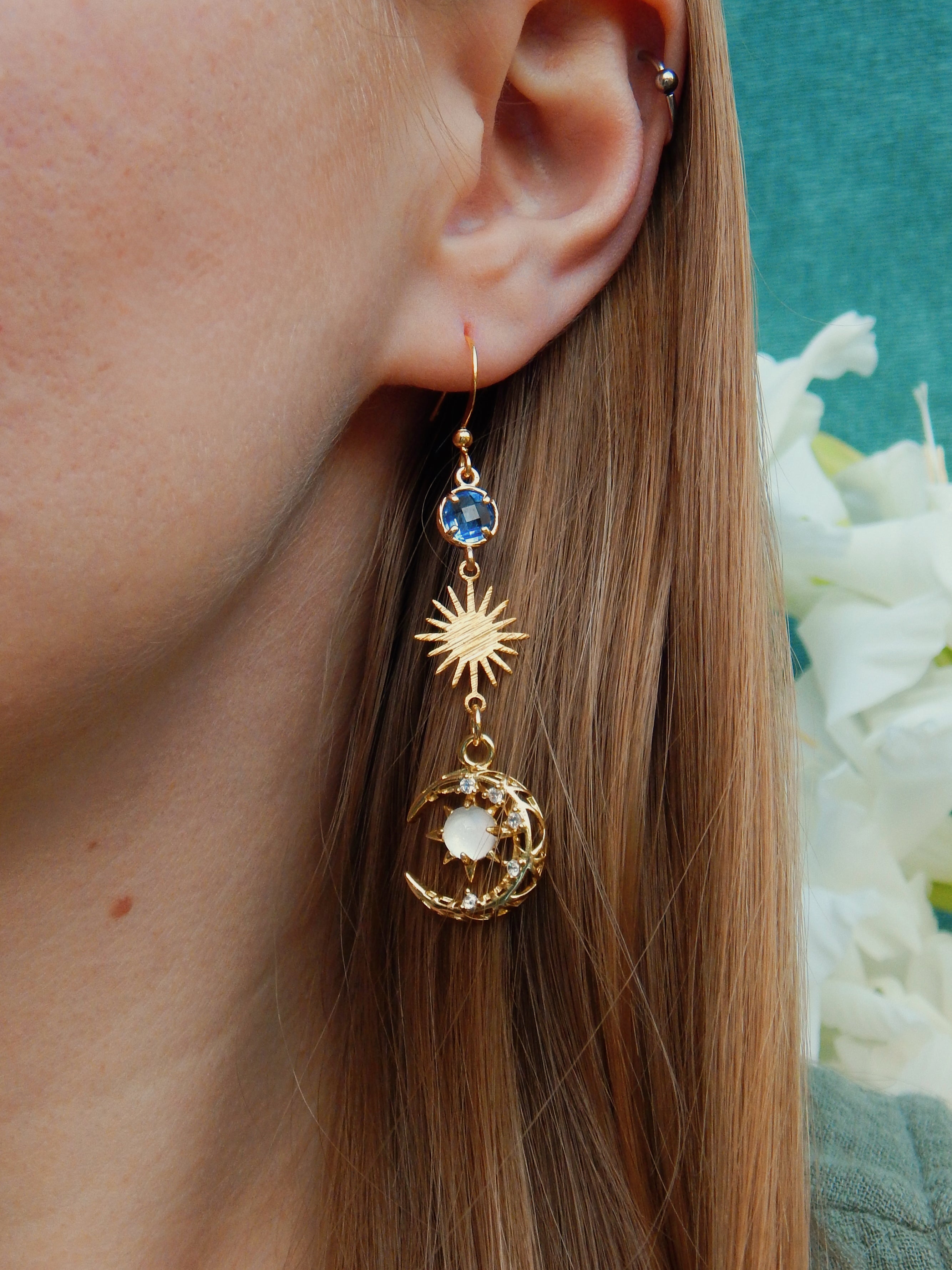 Dreamy Cosmos Earrings – Celestial Sun, Moon & Star Dangles