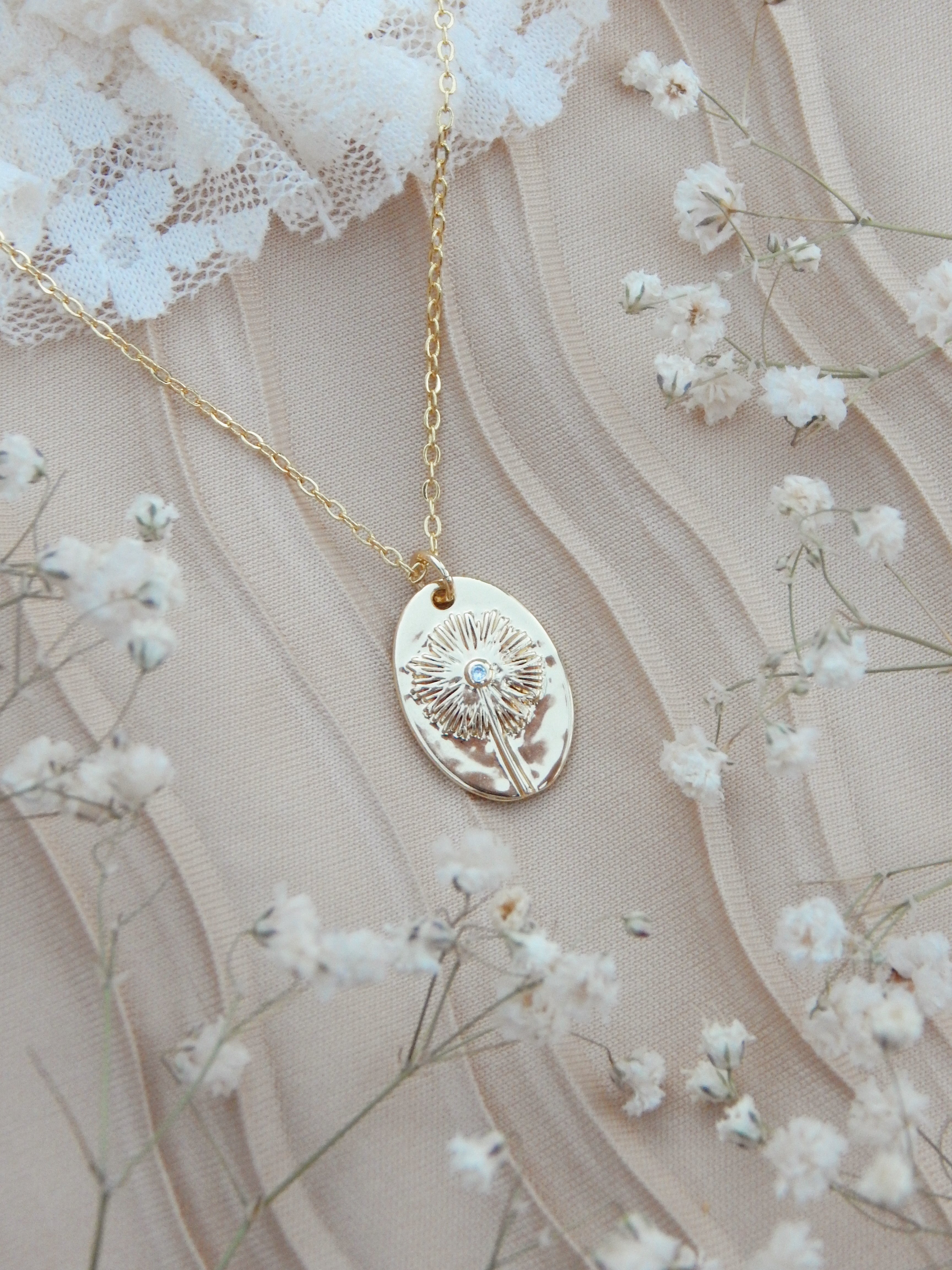 Dandelion Wish Necklace – 18k Gold Plate | Cubic Zirconia Center Detail
