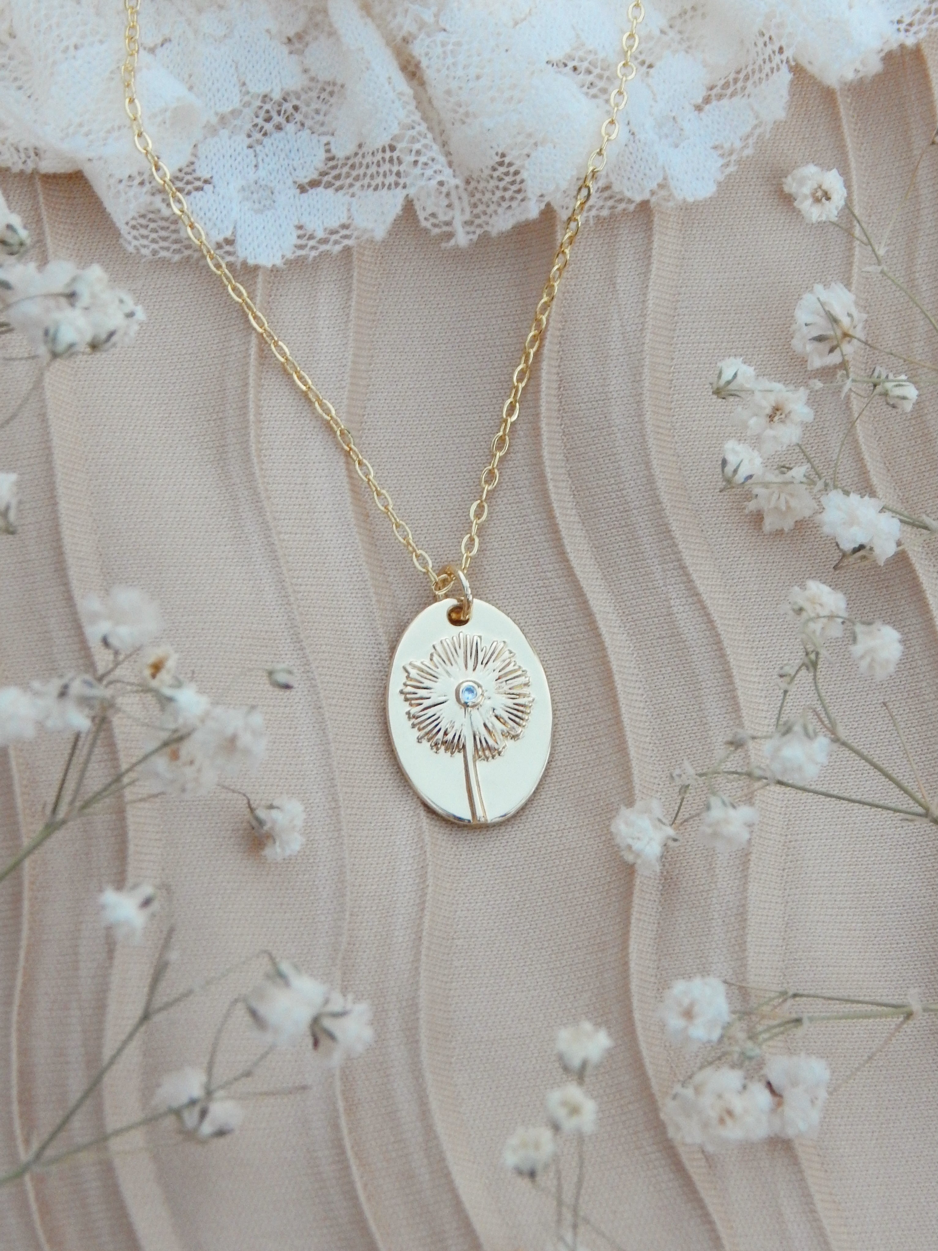 Dandelion Wish Necklace – 18k Gold Plate | Cubic Zirconia Center Detail