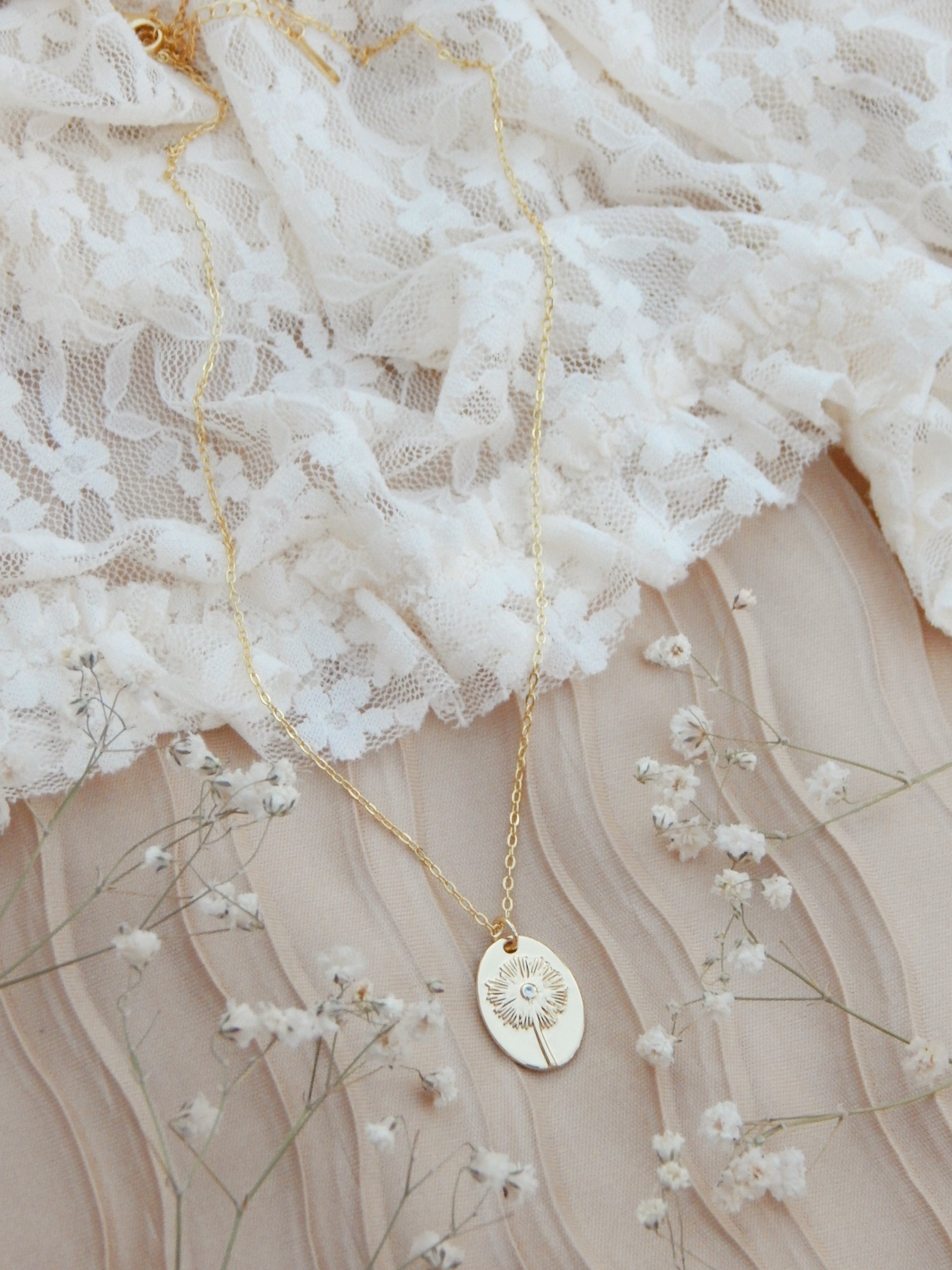 Dandelion Wish Necklace – 18k Gold Plate | Cubic Zirconia Center Detail