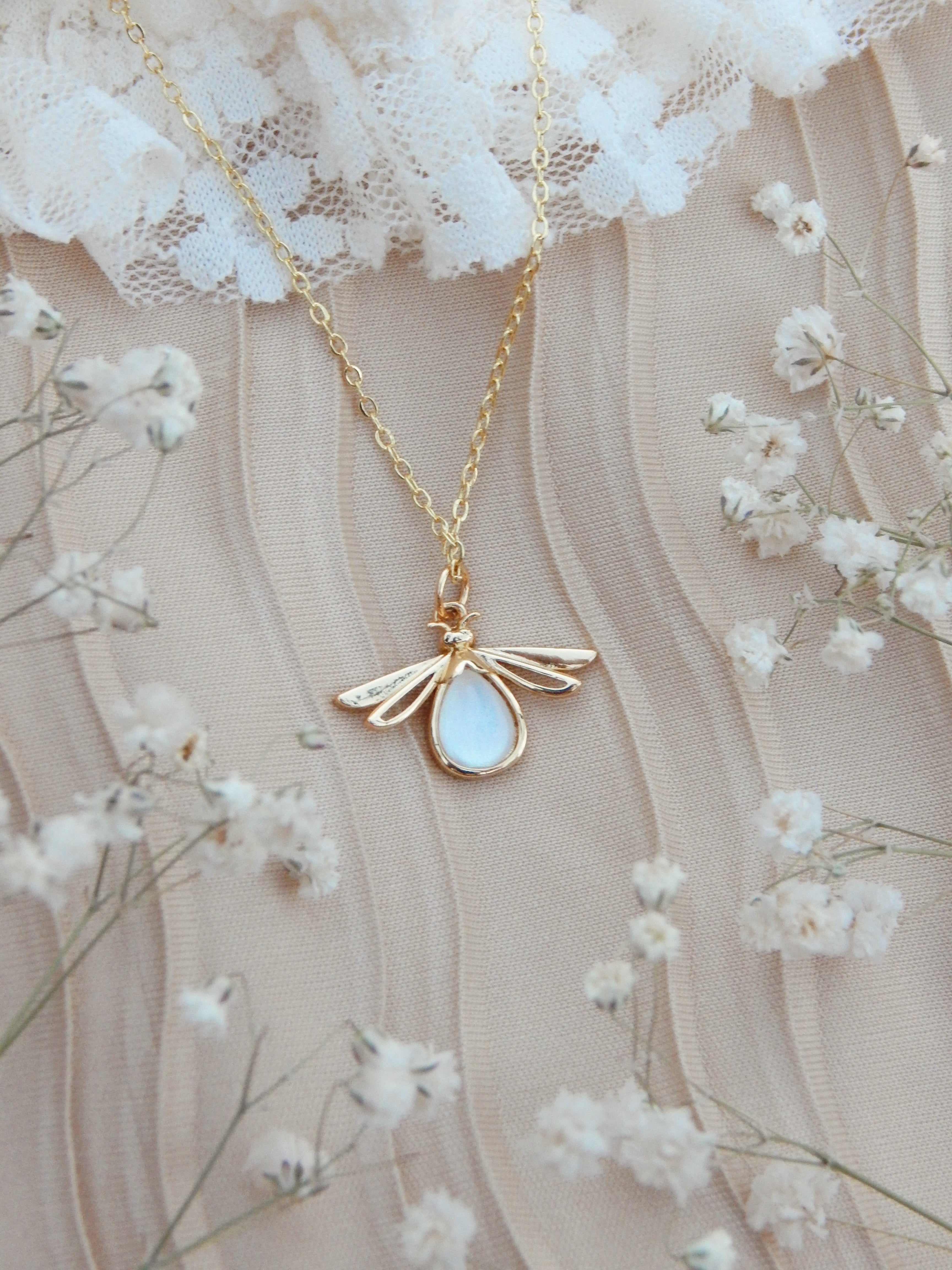 Firefly Glow Necklace – Gold or Silver | Iridescent Pendant, Adjustable 18–20” Chain