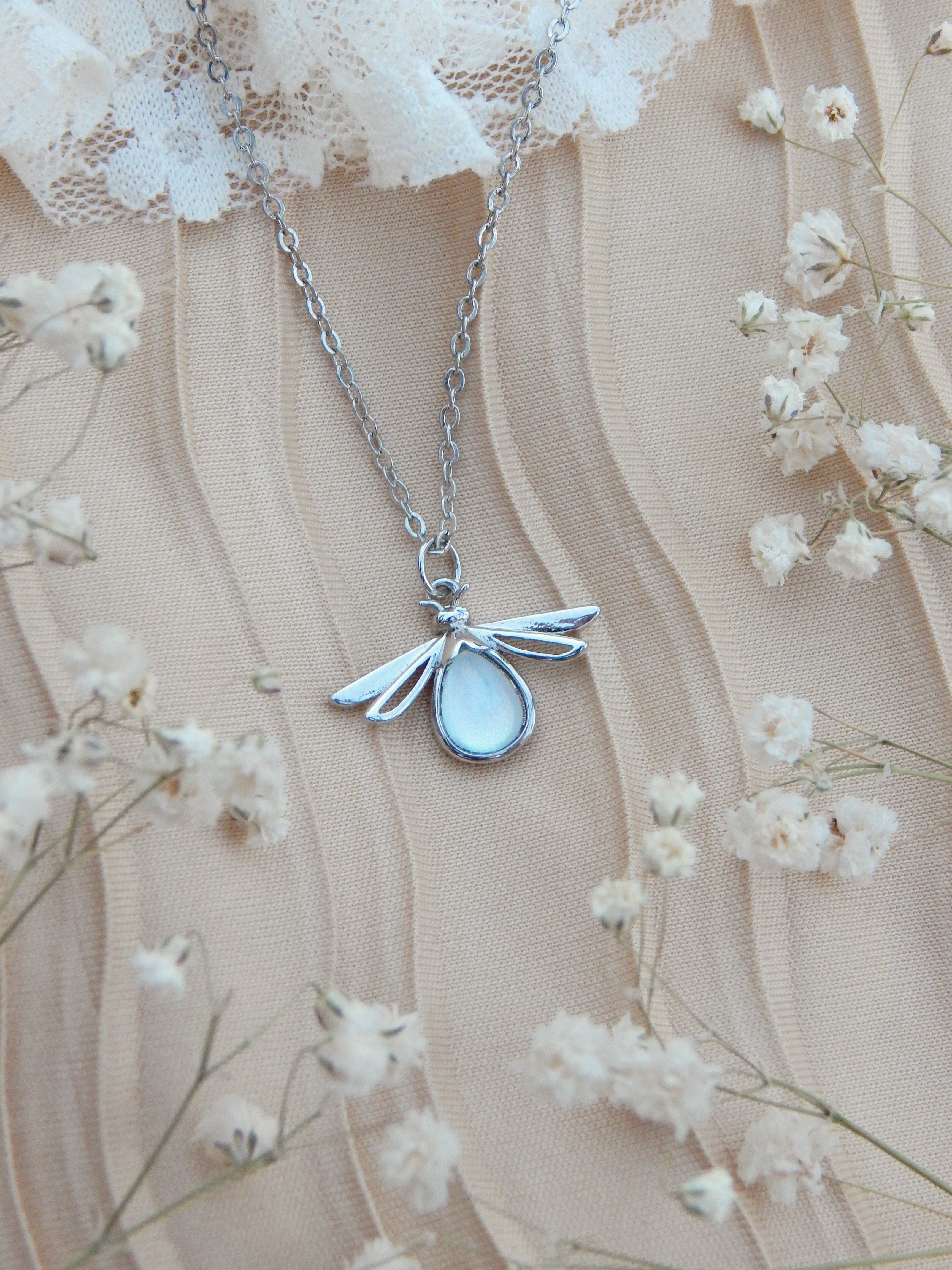 Firefly Glow Necklace – Gold or Silver | Iridescent Pendant, Adjustable 18–20” Chain