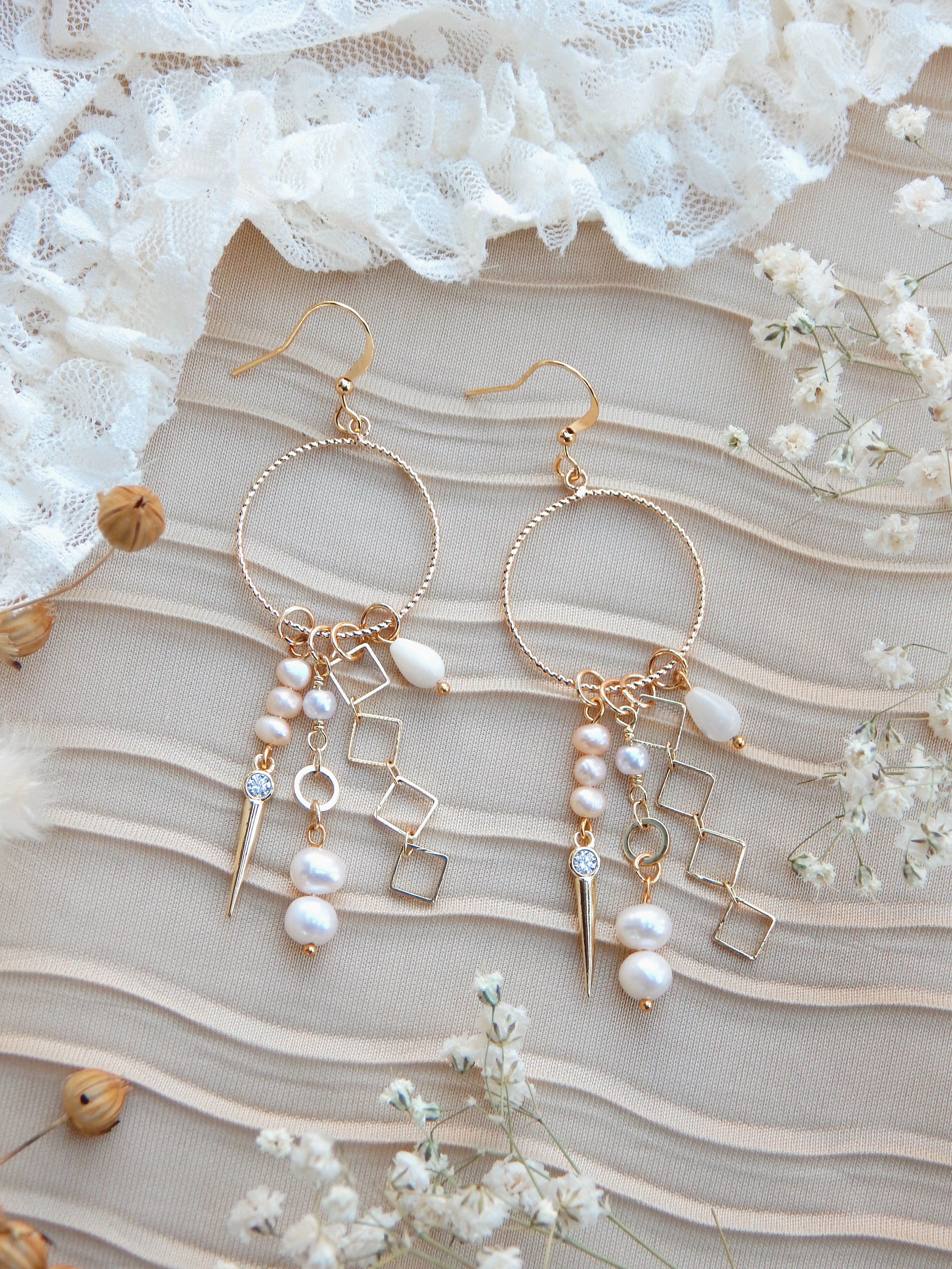 Repurposed Boho Dangle Earrings – Gold Spike, Pearl & Geometric Charms | One of a Kind Statement Jewelry