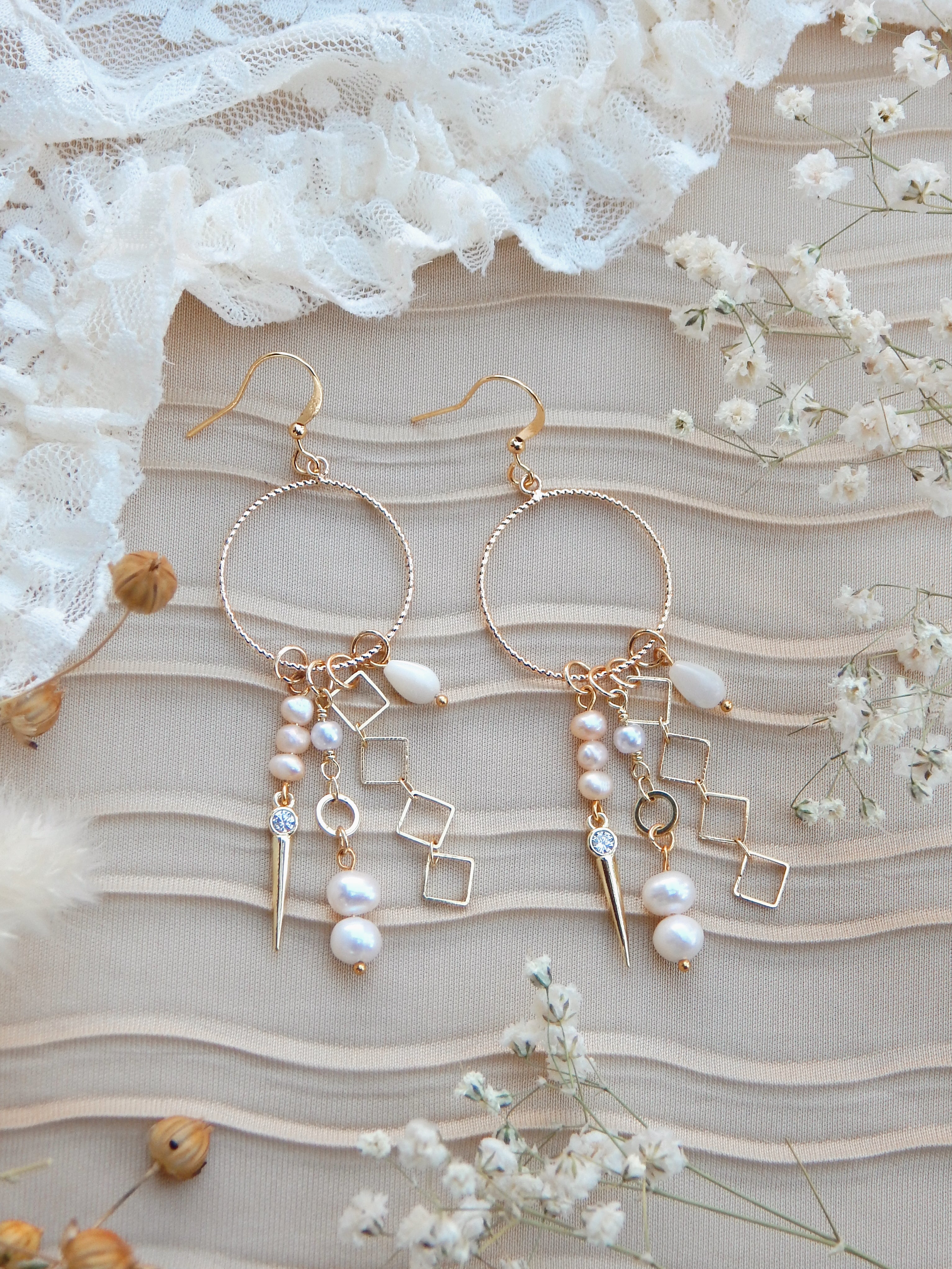 Repurposed Boho Dangle Earrings – Gold Spike, Pearl & Geometric Charms | One of a Kind Statement Jewelry