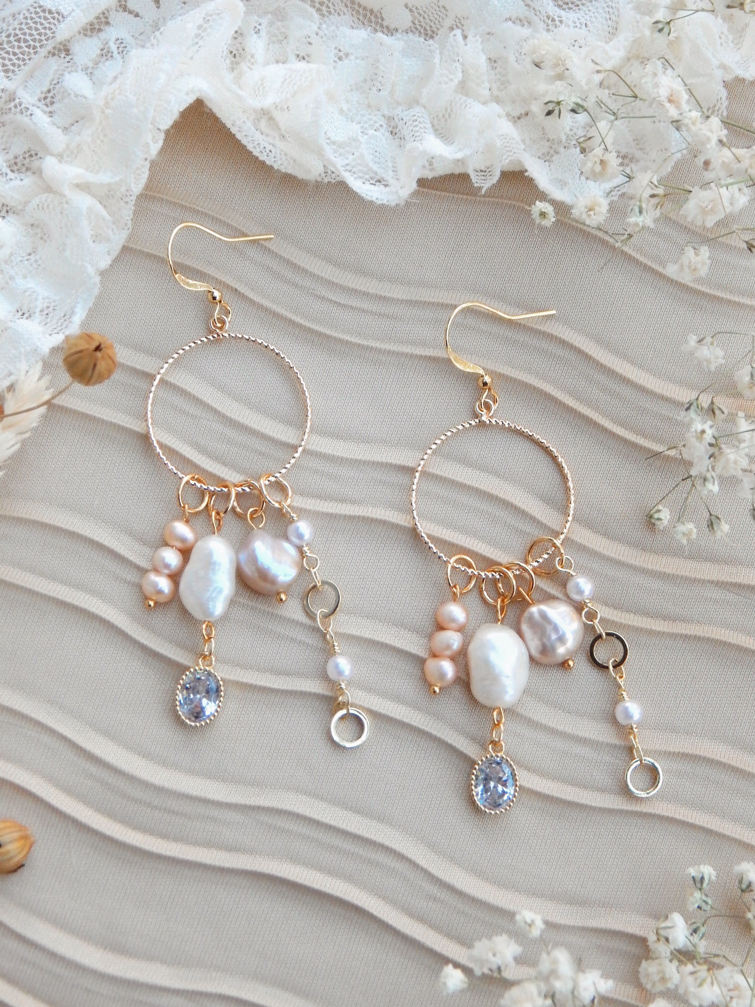Repurposed Boho Dangle Earrings – Cubic Zirconia Drop, Freshwater Pearls & Gold Chain | One of a Kind Handmade Jewelry