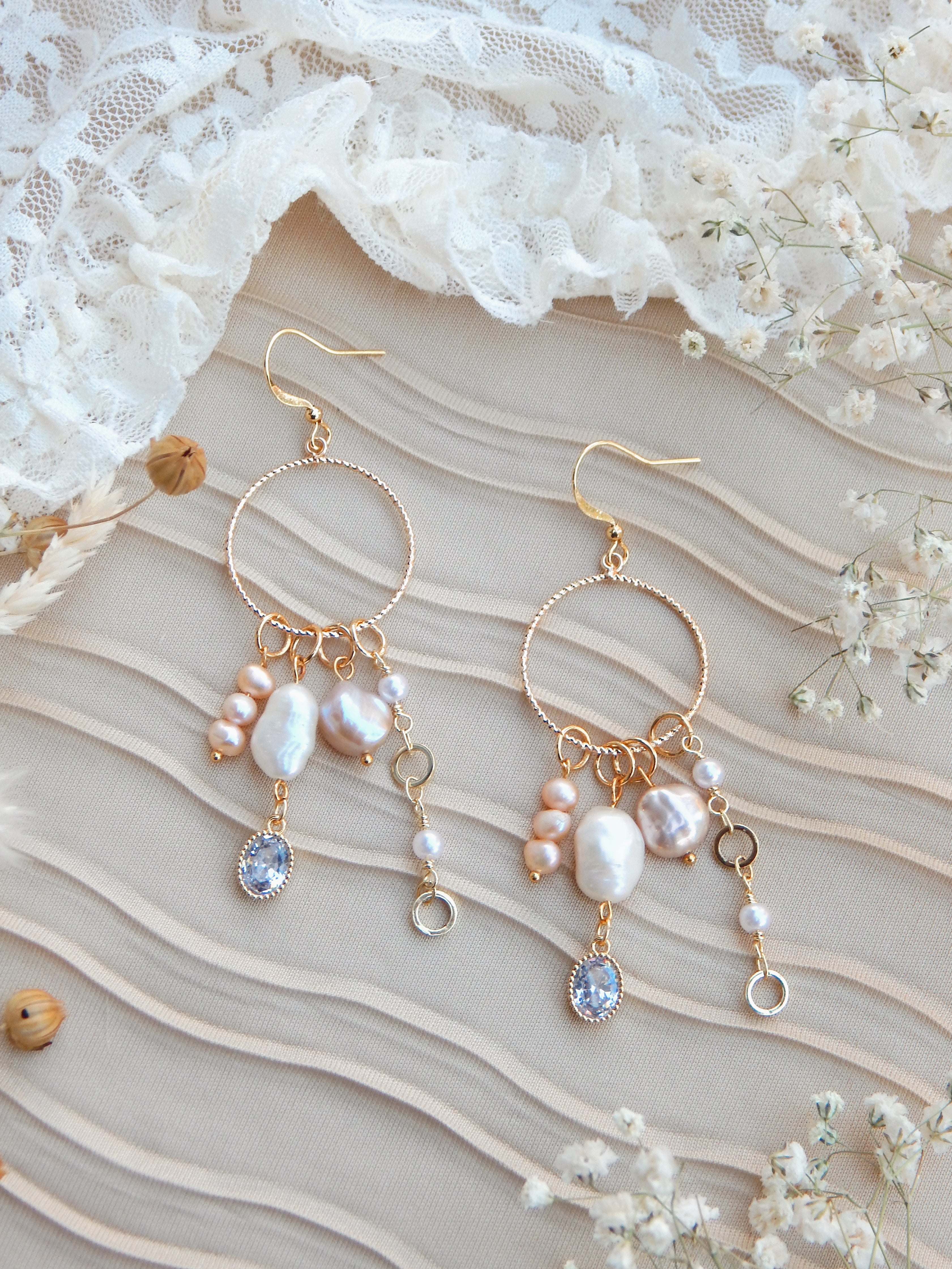 Repurposed Boho Dangle Earrings – Cubic Zirconia Drop, Freshwater Pearls & Gold Chain | One of a Kind Handmade Jewelry