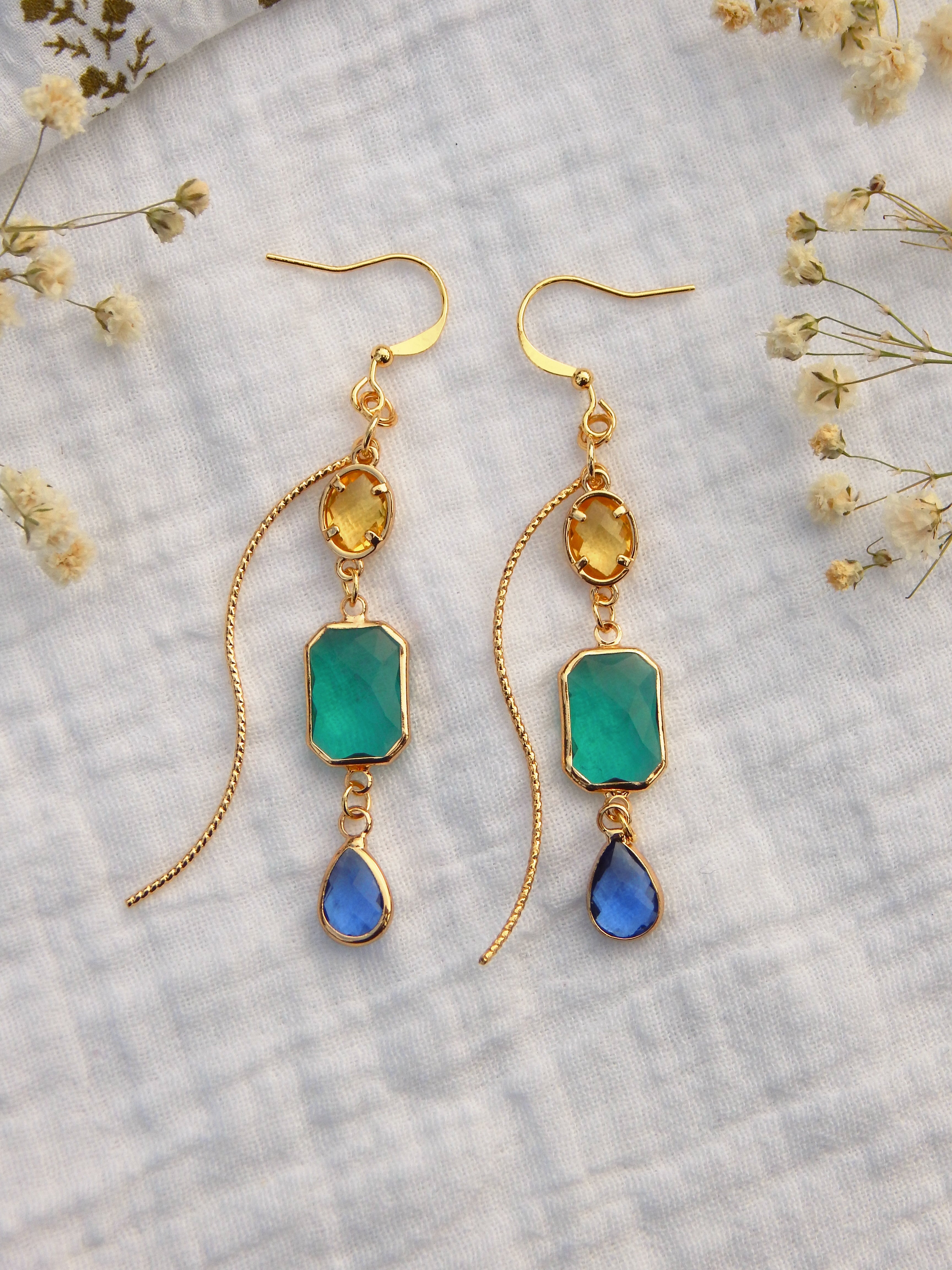 Golden Gem Cascade Earrings – Cubic Zirconia & Hardened Glass Statement Jewelry