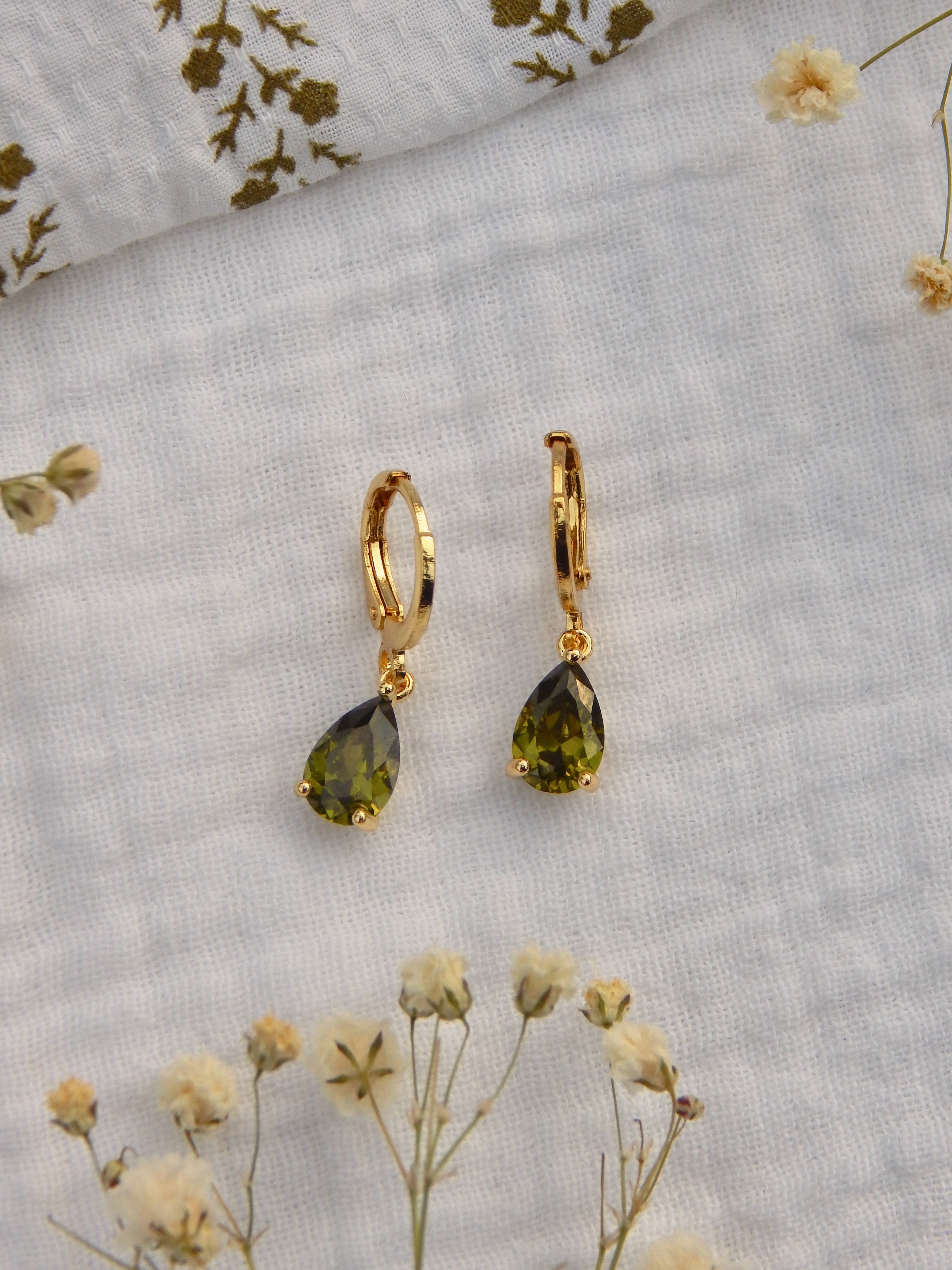 Olive Green Drop Huggies – Cubic Zirconia Gemstone Earrings