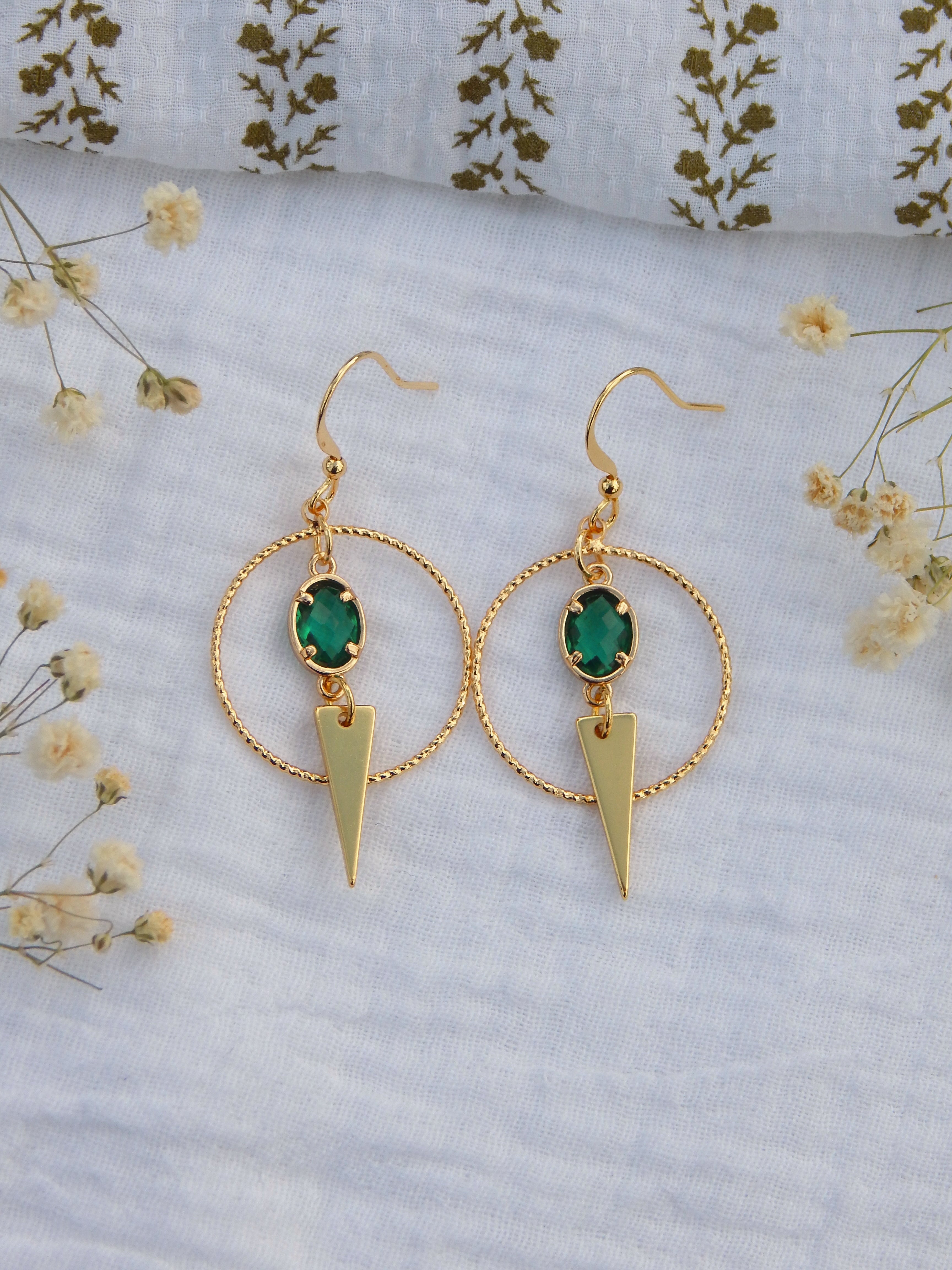 Emerald Spike Hoop Earrings – Cubic Zirconia Edgy Feminine Dangles