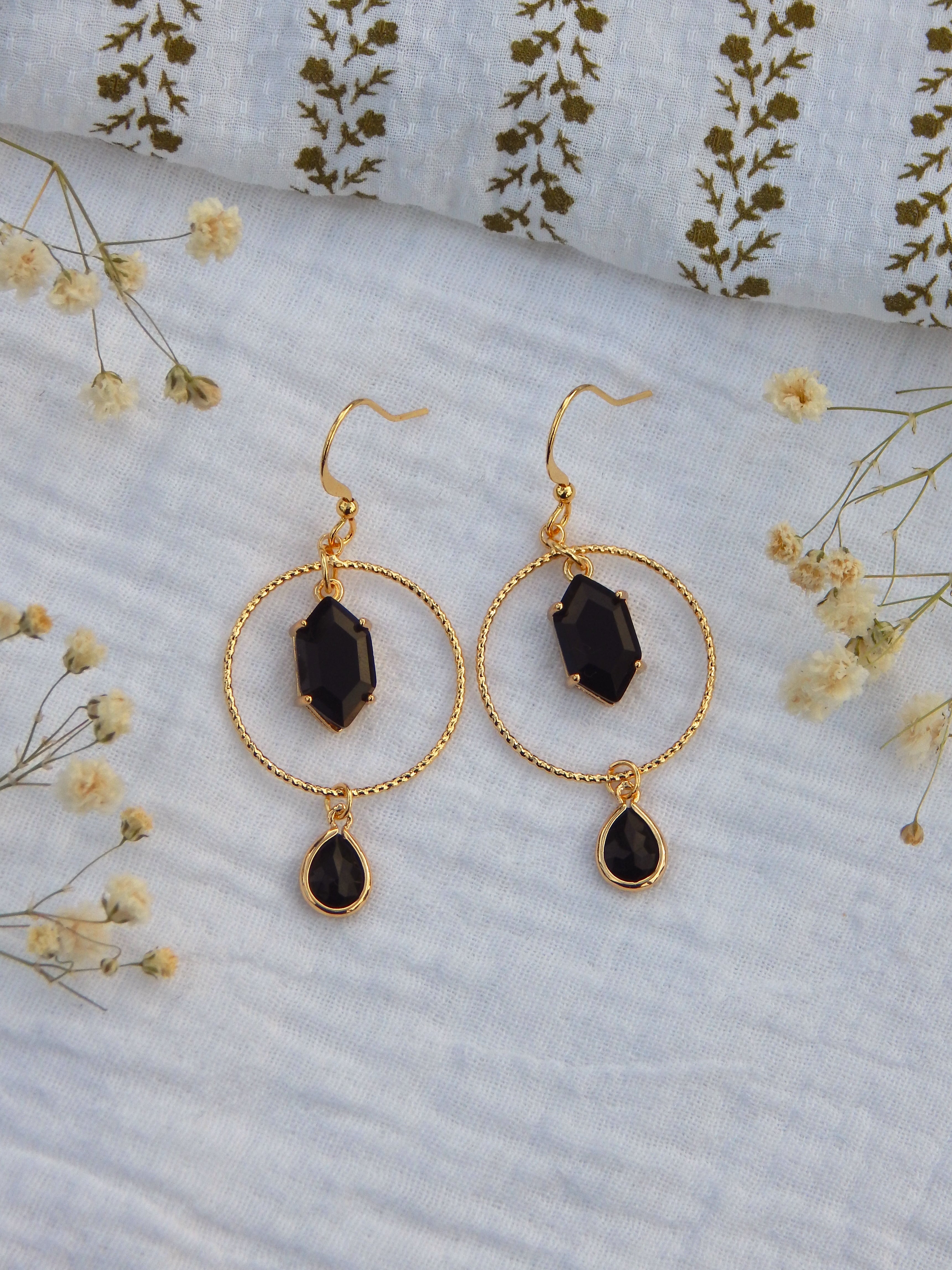 Black Gem Hoop Earrings – Handmade Hardened Glass Statement Jewelry