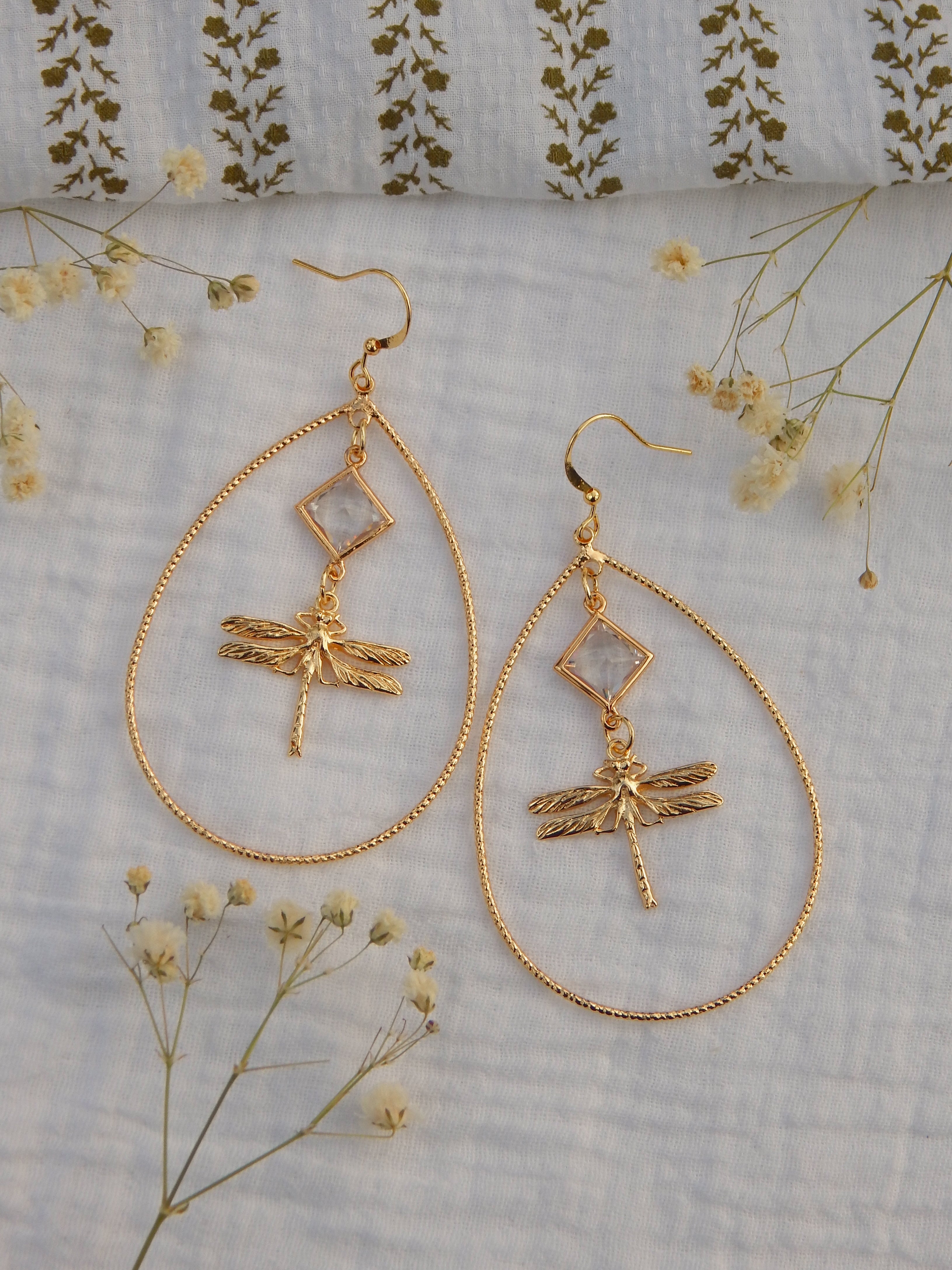 Golden Dragonfly Teardrop Earrings – Cubic Zirconia Statement Hoop Dangles
