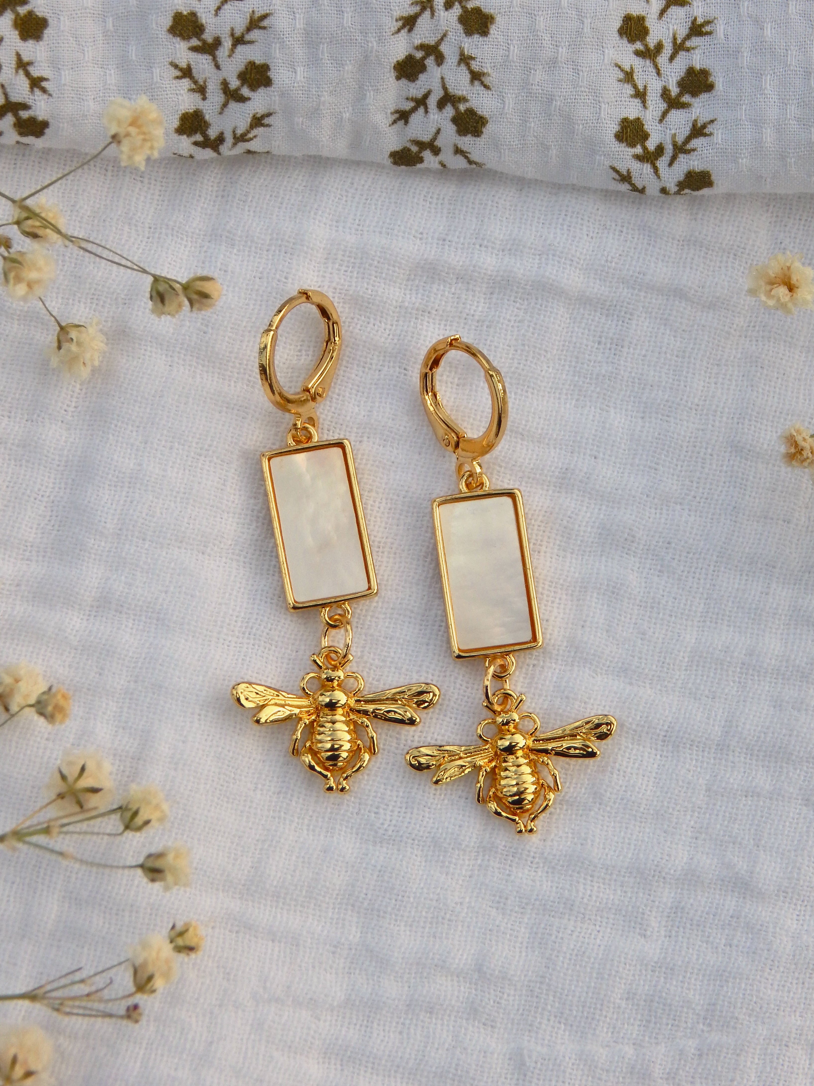 Golden Bee Mother of Pearl Earrings – Handmade Lightweight Statement Jewelry