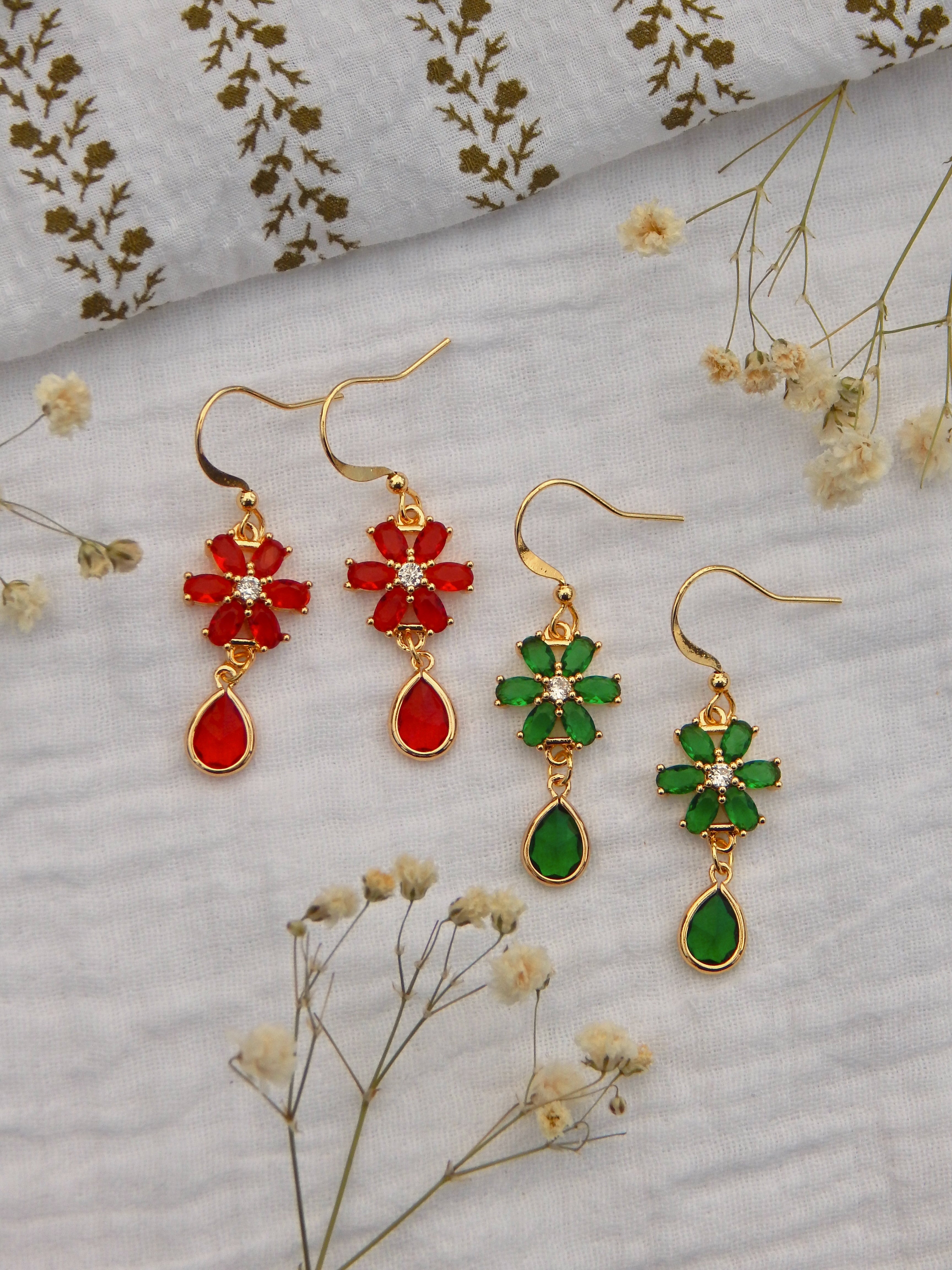 Holiday Floral Gem Earrings – Red or Green Cubic Zirconia Dangle Earrings