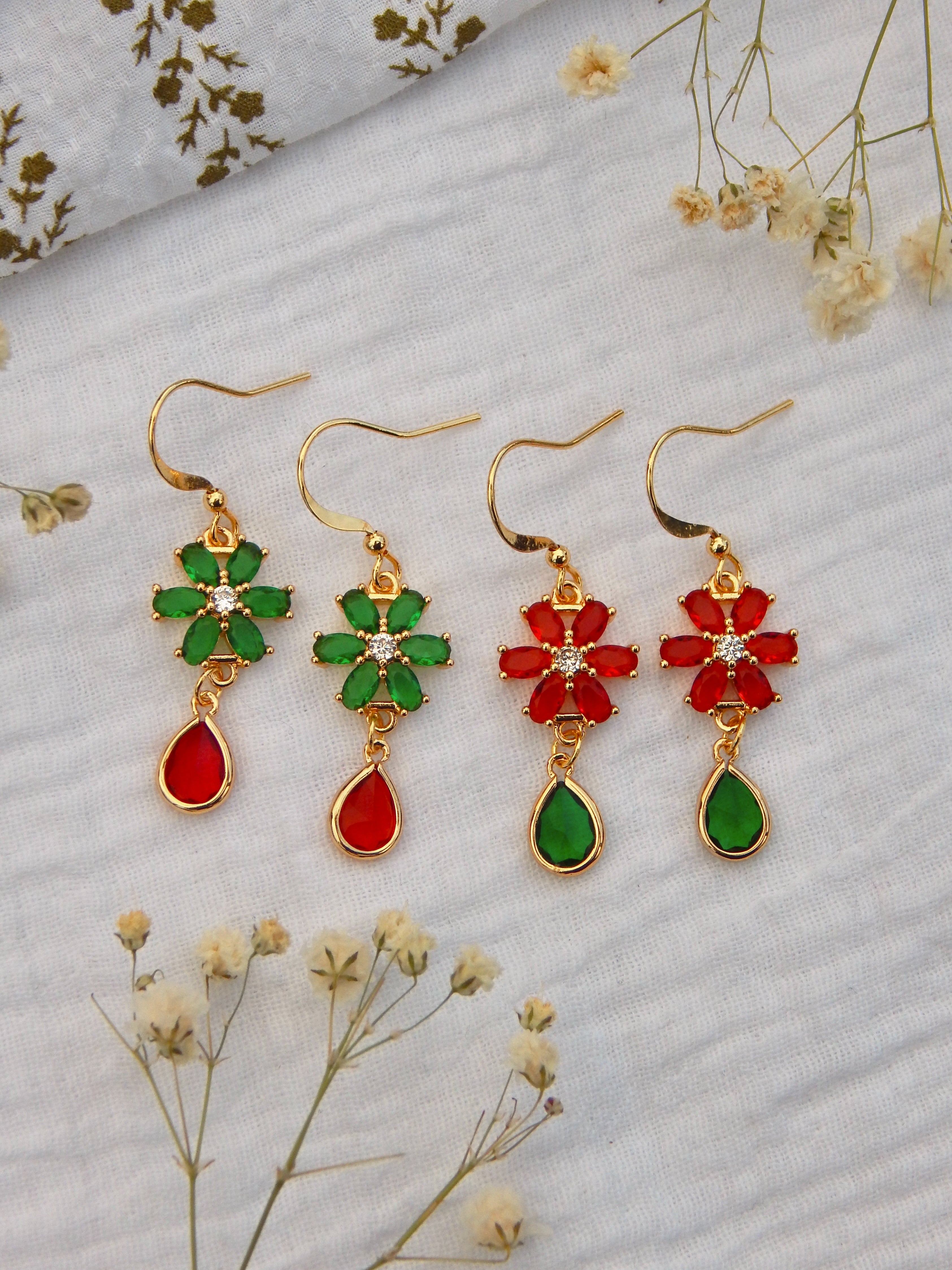 Holiday Gem Flower Earrings – Red & Green Cubic Zirconia Drop Earrings