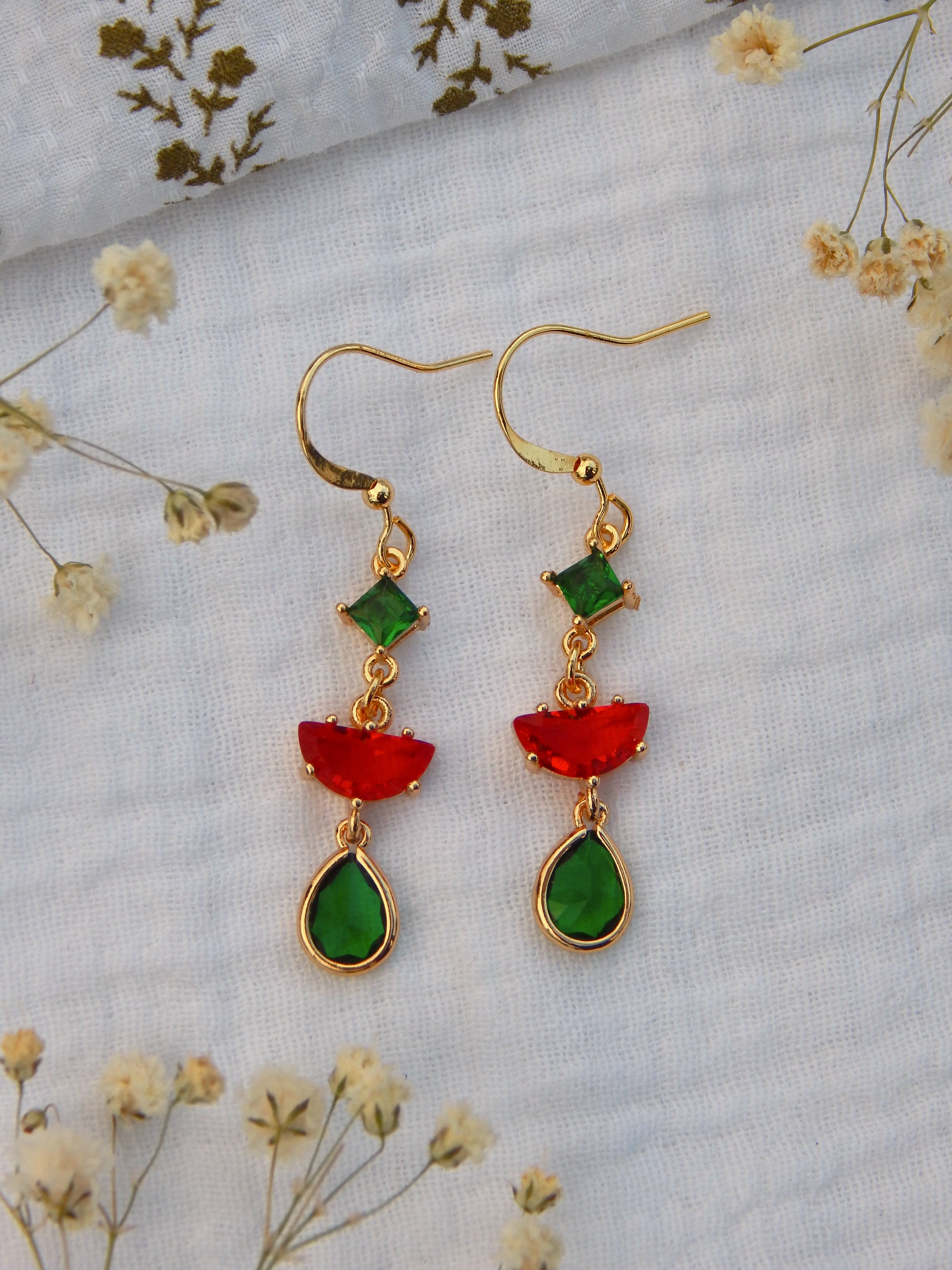 Red & Green Gem Drop Earrings – Handmade Holiday Statement Jewelry