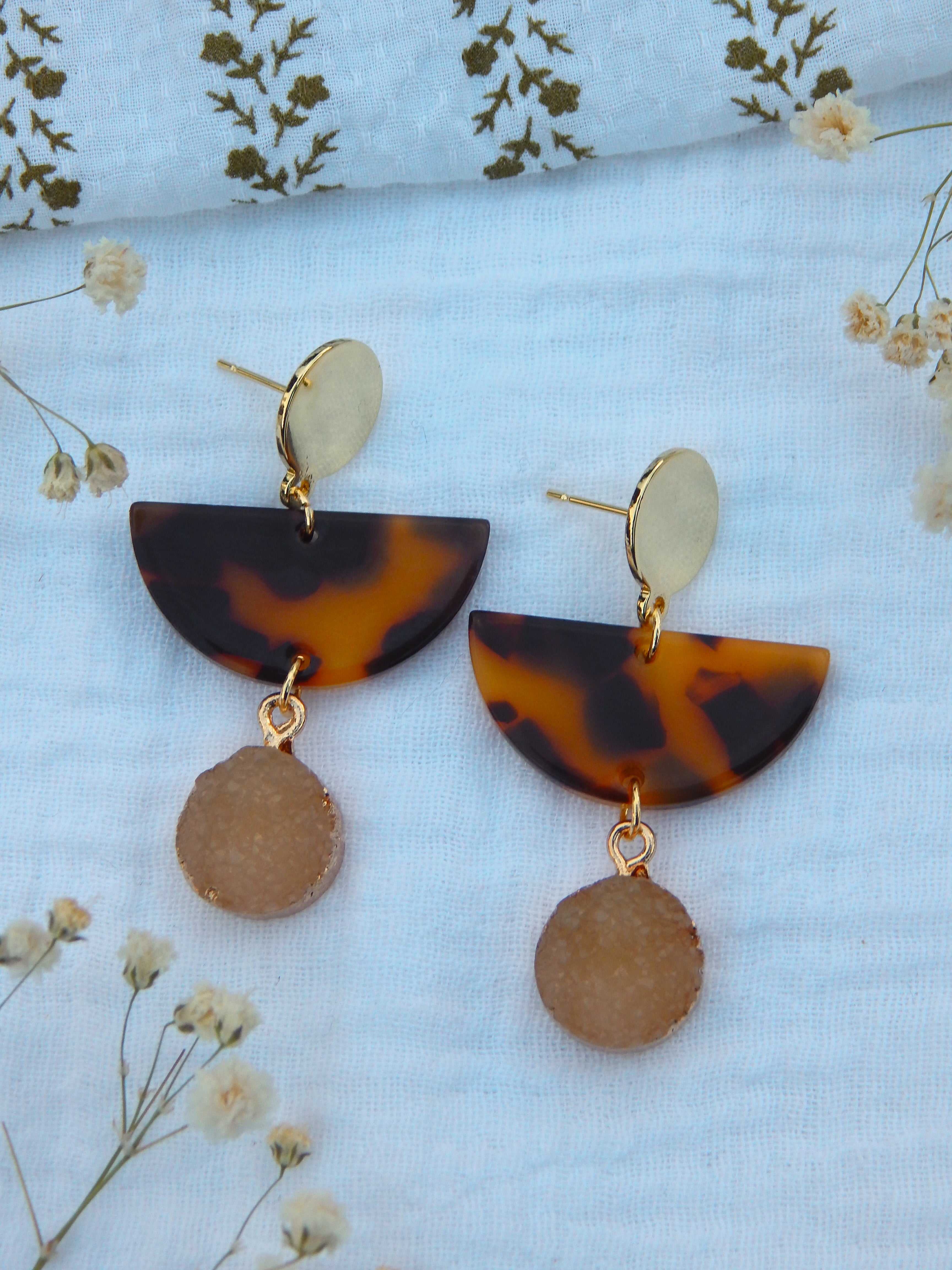 Boho Tortoise & Taupe Gem Drop Earrings – Lightweight Handmade Statement Earrings