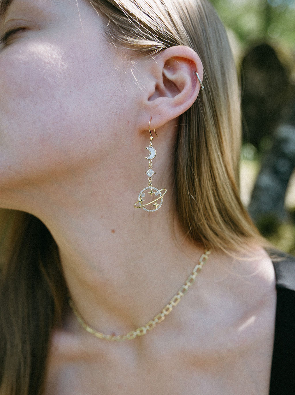 Galaxy Earrings – Celestial Moon & Planet Statement Dangle Drops