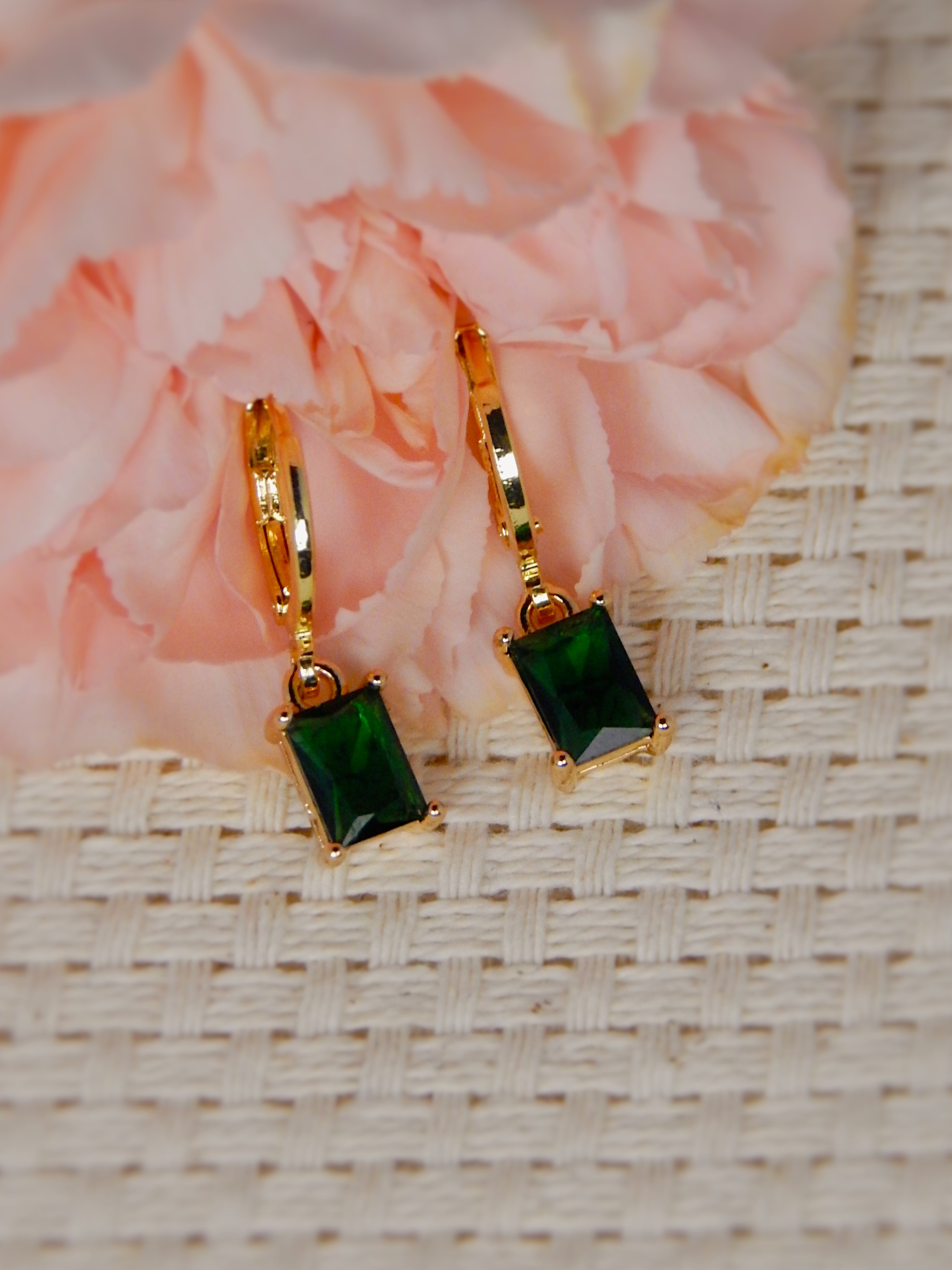 Gold huggie earrings with rectangular gemstone drop in multiple color options