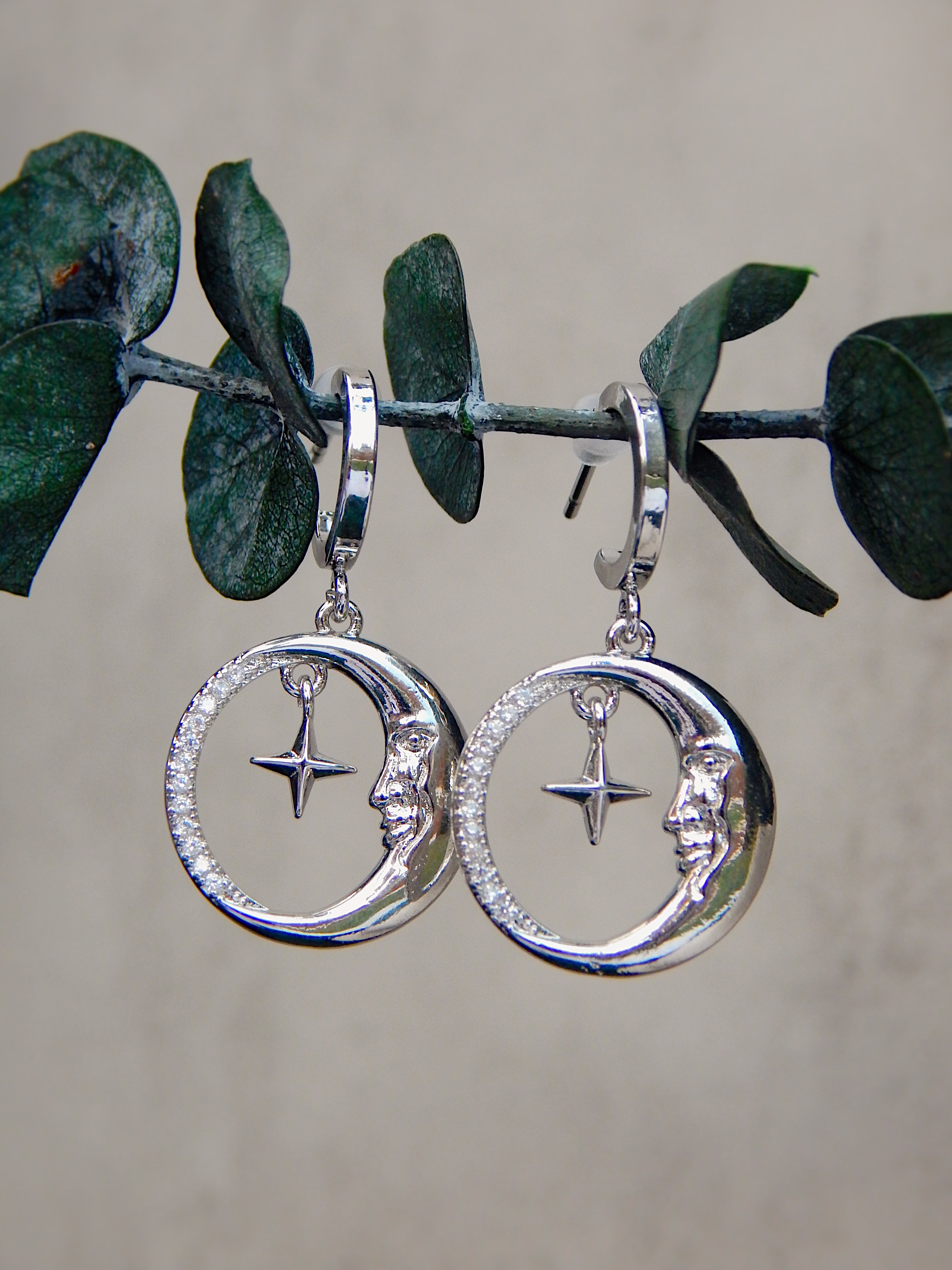 Silver moon and star huggie earrings with circular pendant hanging on branch
