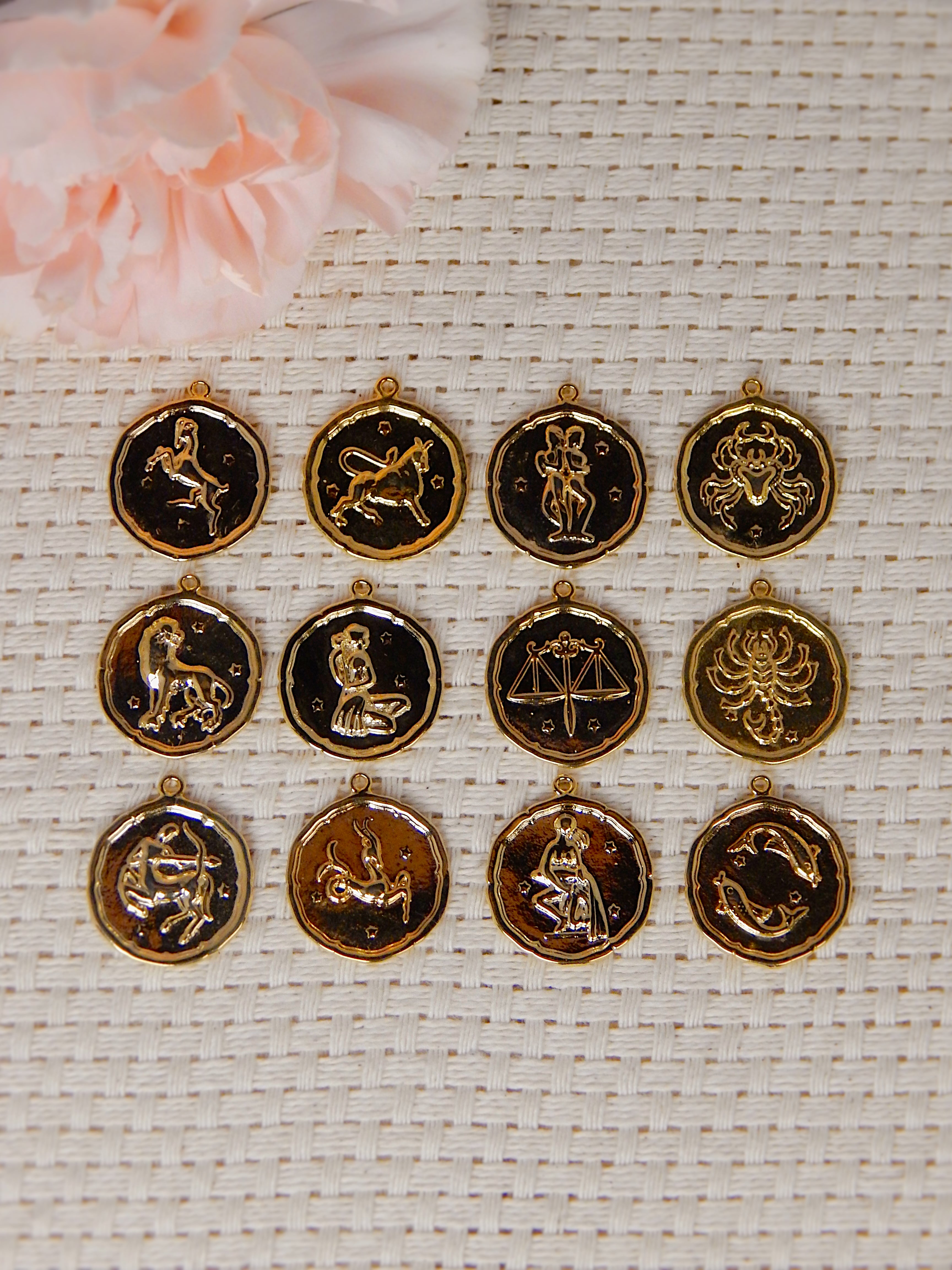 Gold zodiac coin necklaces showing all 12 zodiac signs, celestial pendant collection