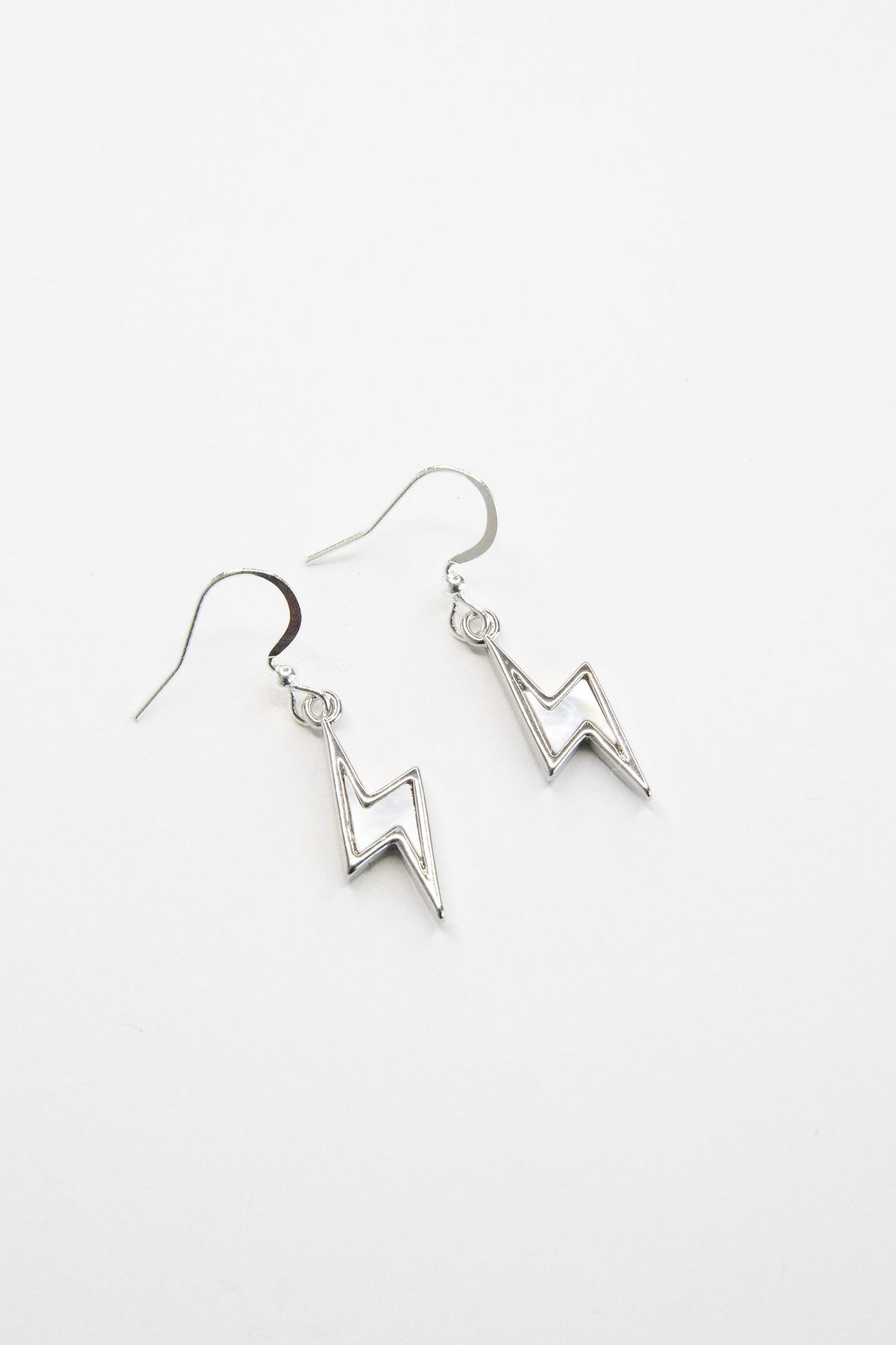 Bolt Earrings – Gold or Silver Lightning Drop Charm Dangles with Mother of Pearl