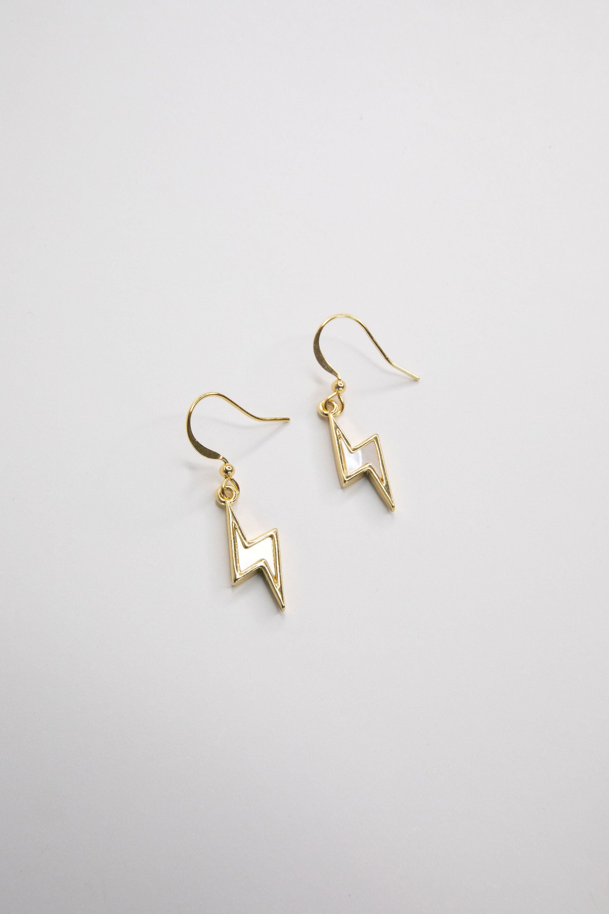 Bolt Earrings – Gold or Silver Lightning Drop Charm Dangles with Mother of Pearl
