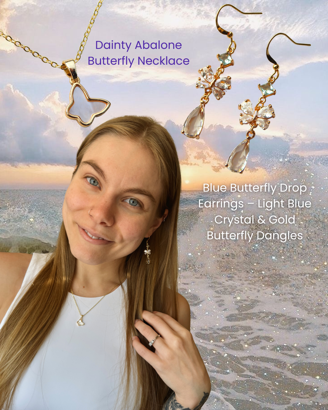 Blue Butterfly Drop Earrings – Light Blue Crystal & Gold Butterfly Dangles