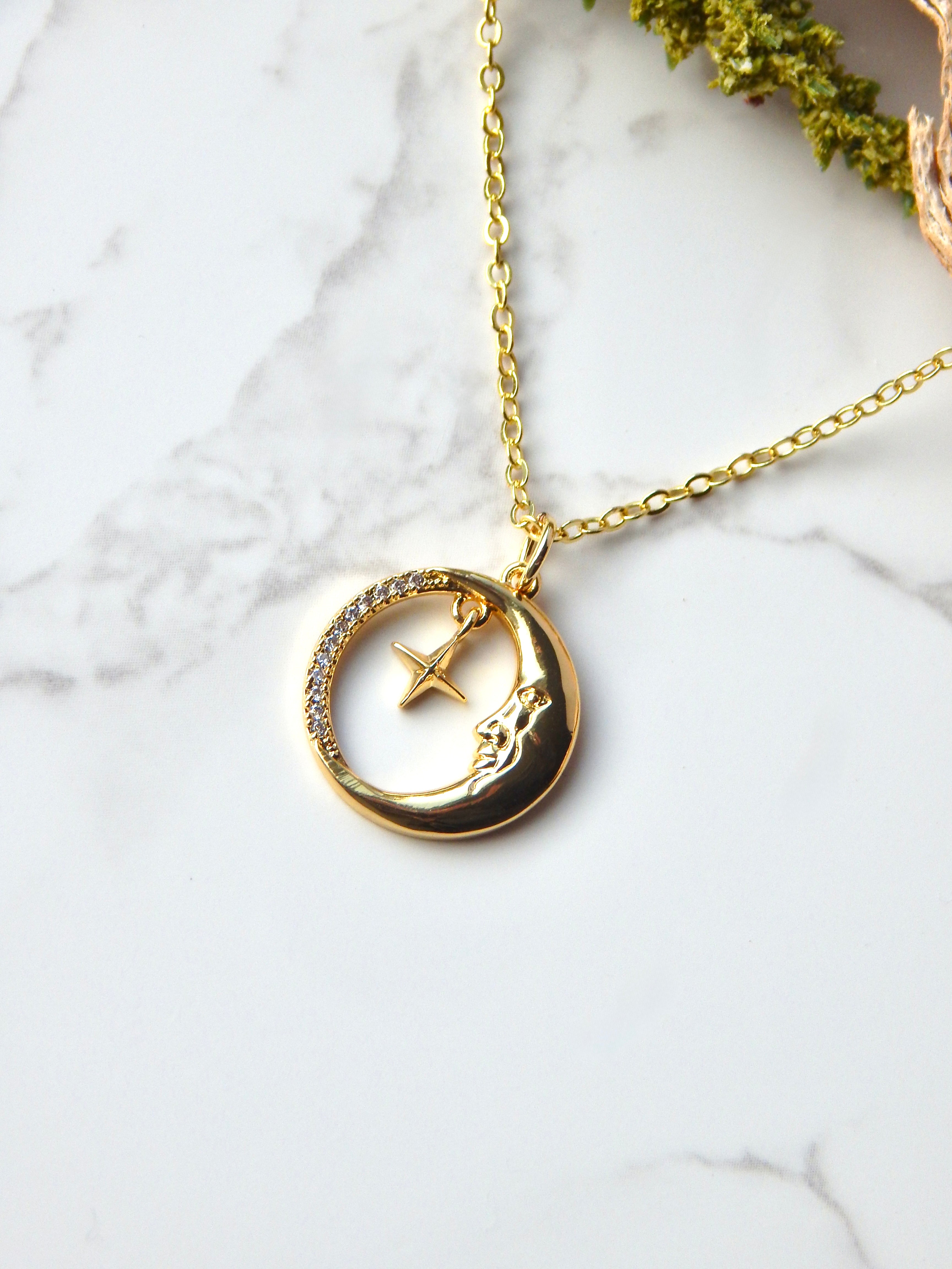 Celestial Moon & Star Necklace – Gold or Silver Lunar Face Pendant