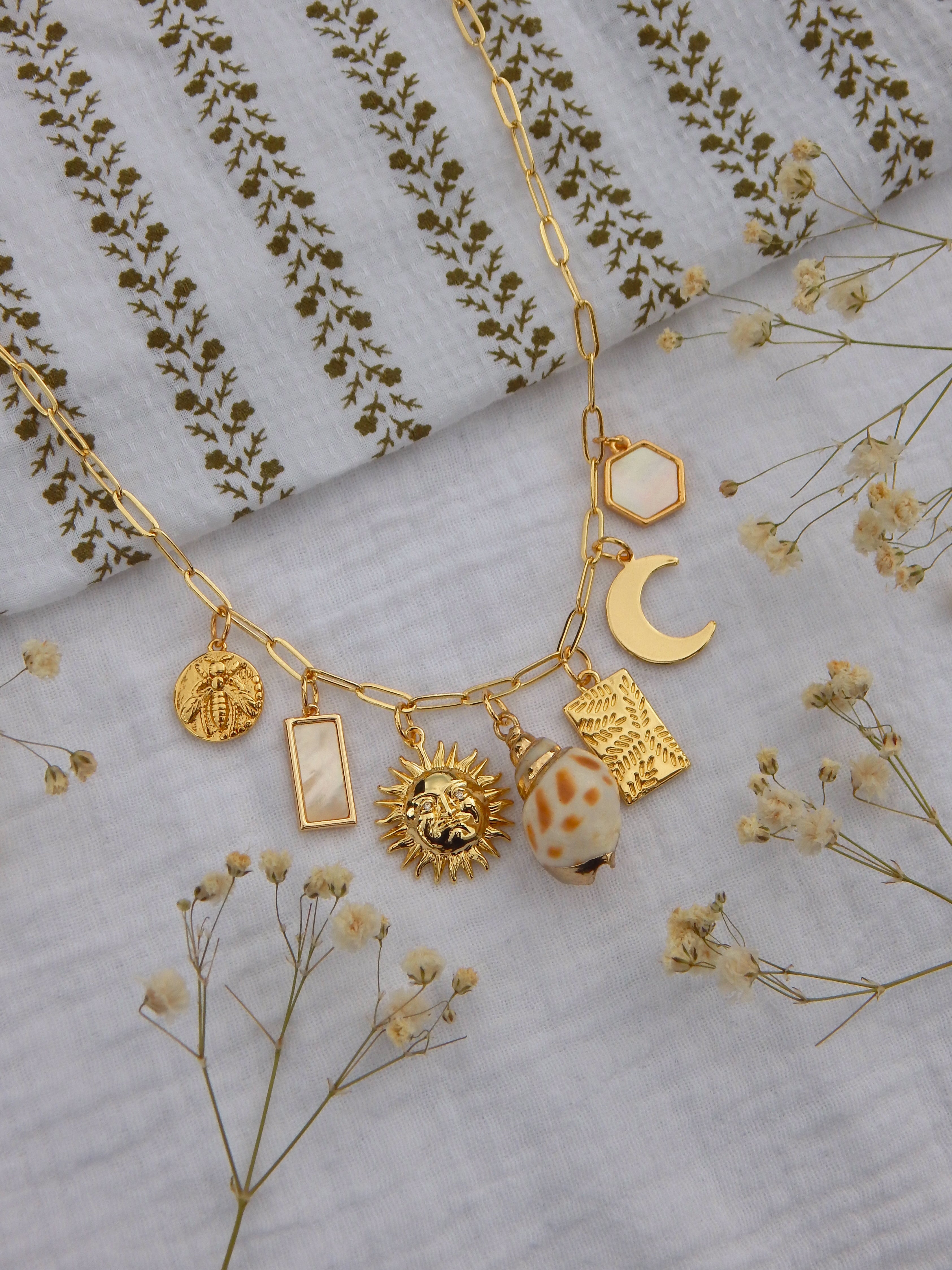 One-of-a-Kind Coastal Charm Necklace | Sun & Moon Pendant | Natural Seashell, Bee Charm & Mother of Pearl Accents | 18” Gold Paperclip Chain