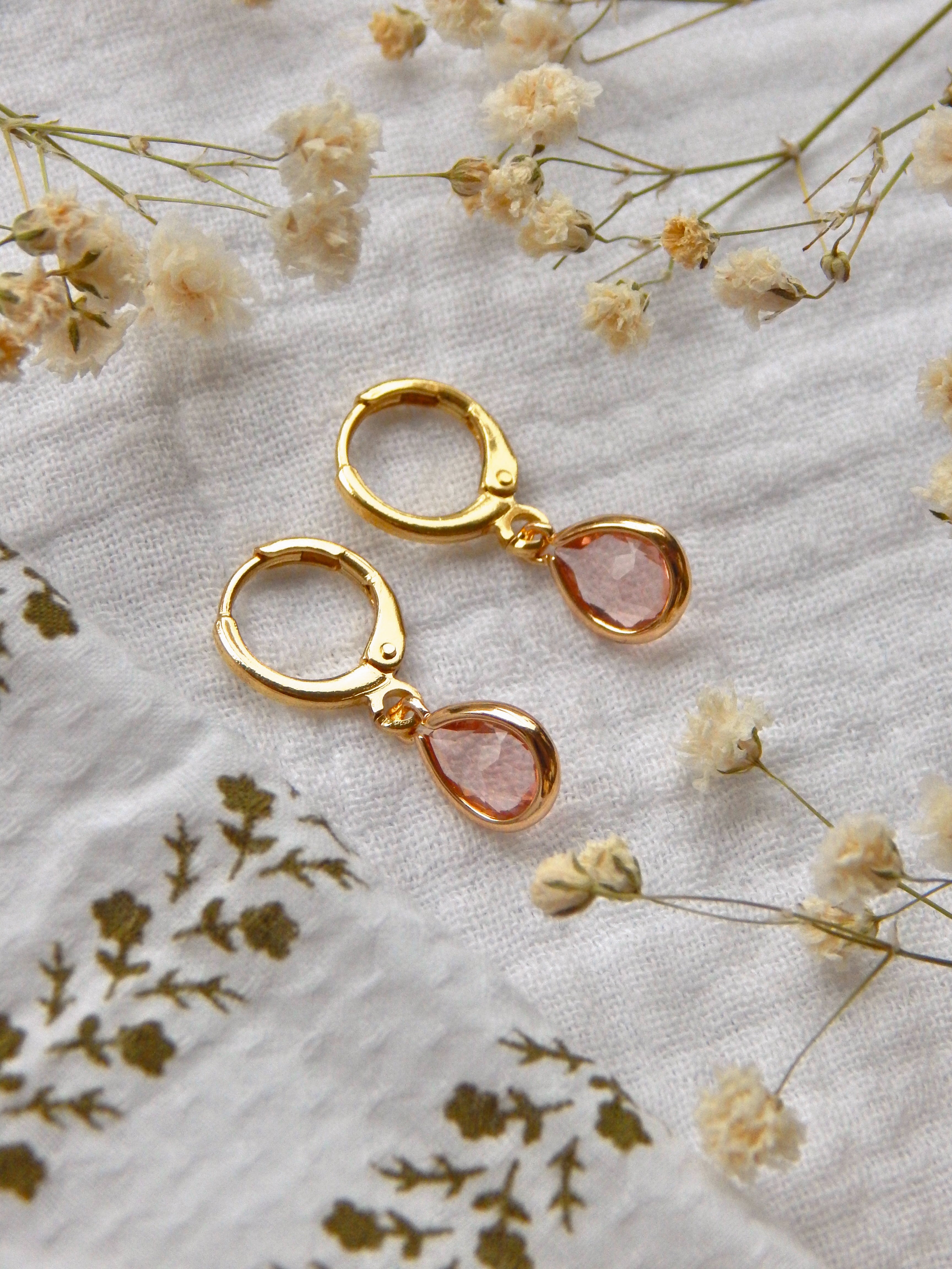 Light Pink Glass Teardrop Huggie Earrings – Hardened Glass Drop Hoops | Lightweight Hypoallergenic Gold Jewelry