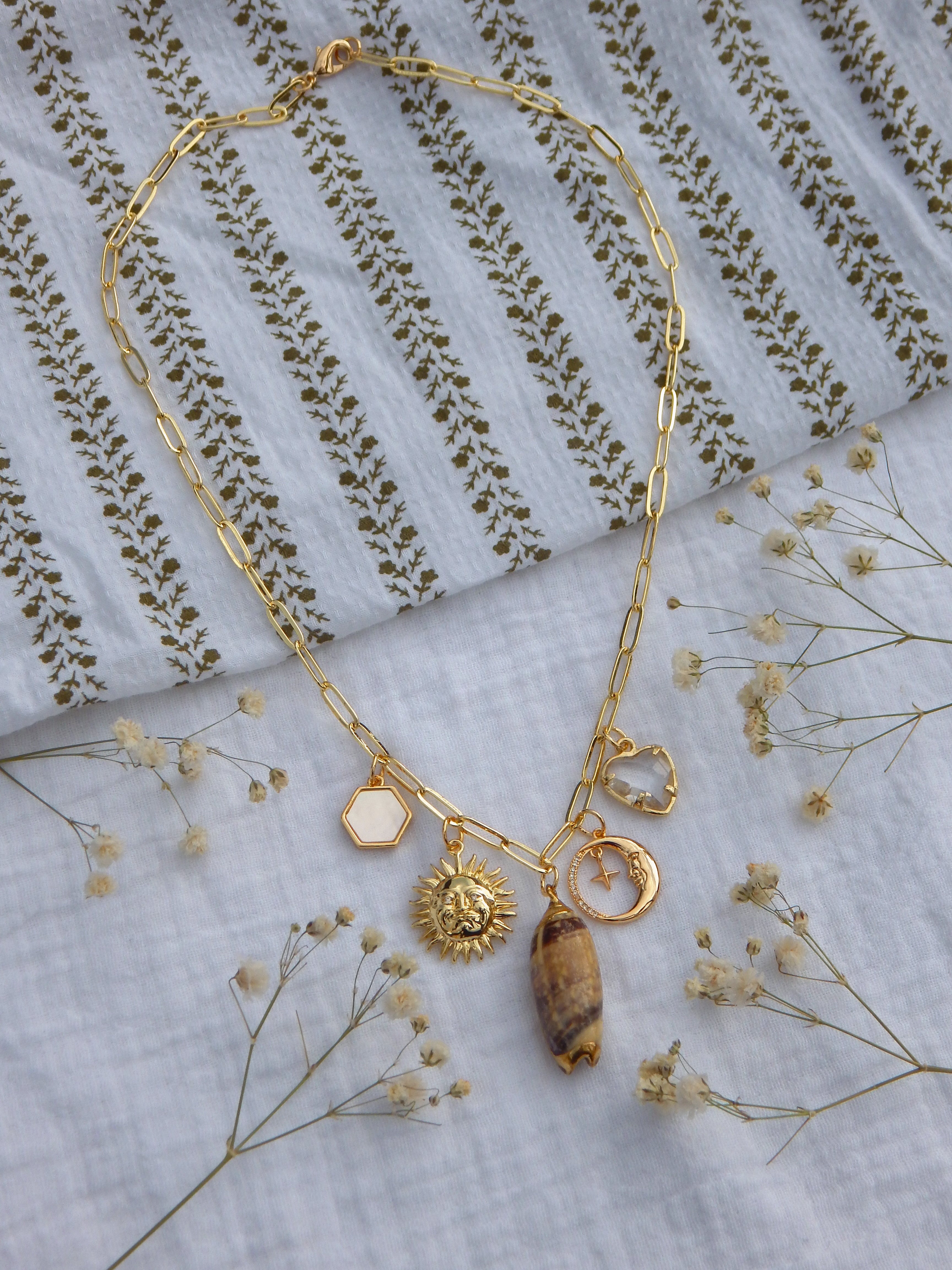 One-of-a-Kind Coastal Sun & Moon Charm Necklace | Natural Seashell Pendant | Mother of Pearl Hexagon | Celestial CZ Charms | 18” Gold Paperclip Chain