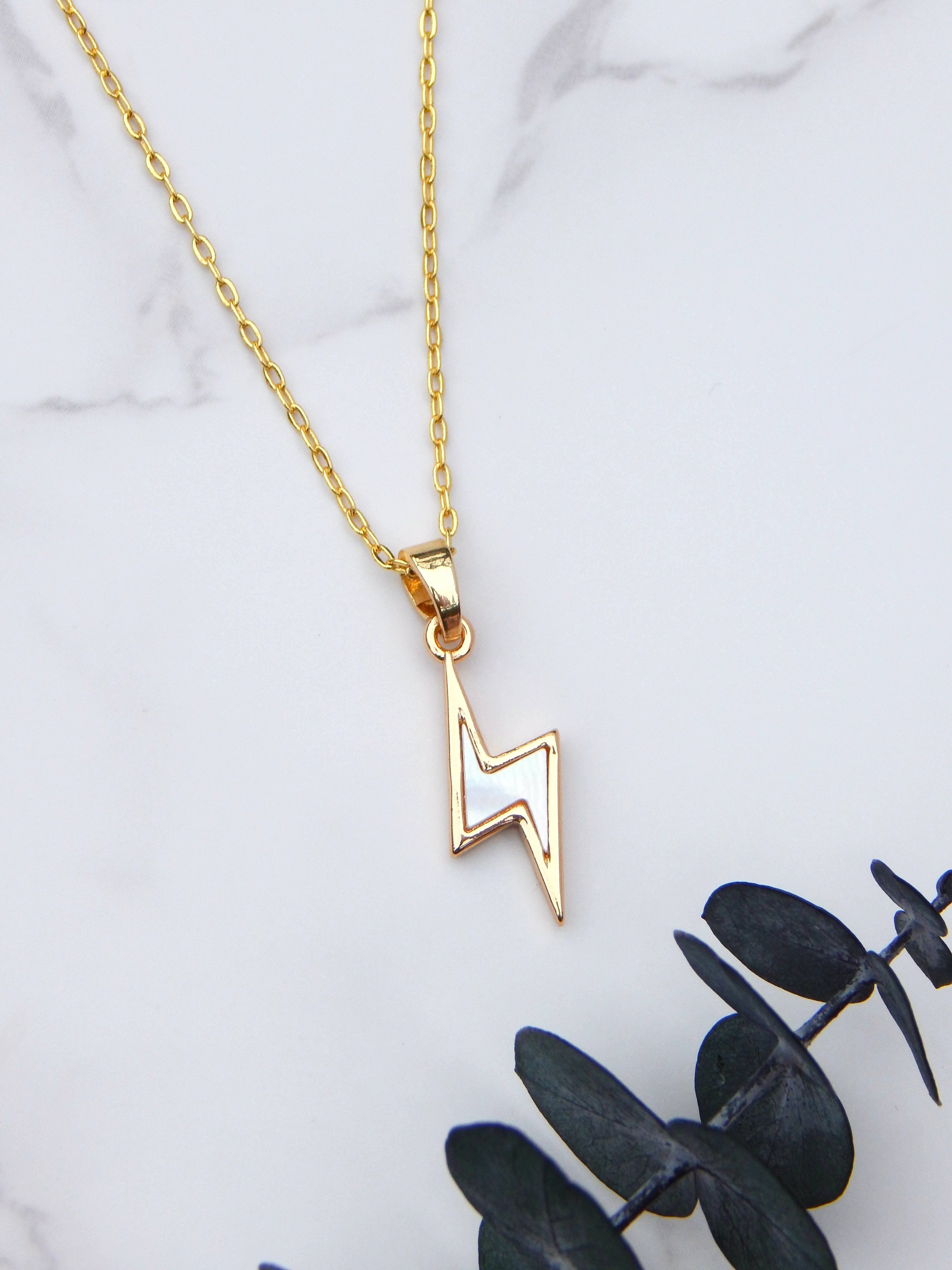 Bolt Necklace – Gold or Silver Lightning Pendant with Mother of Pearl