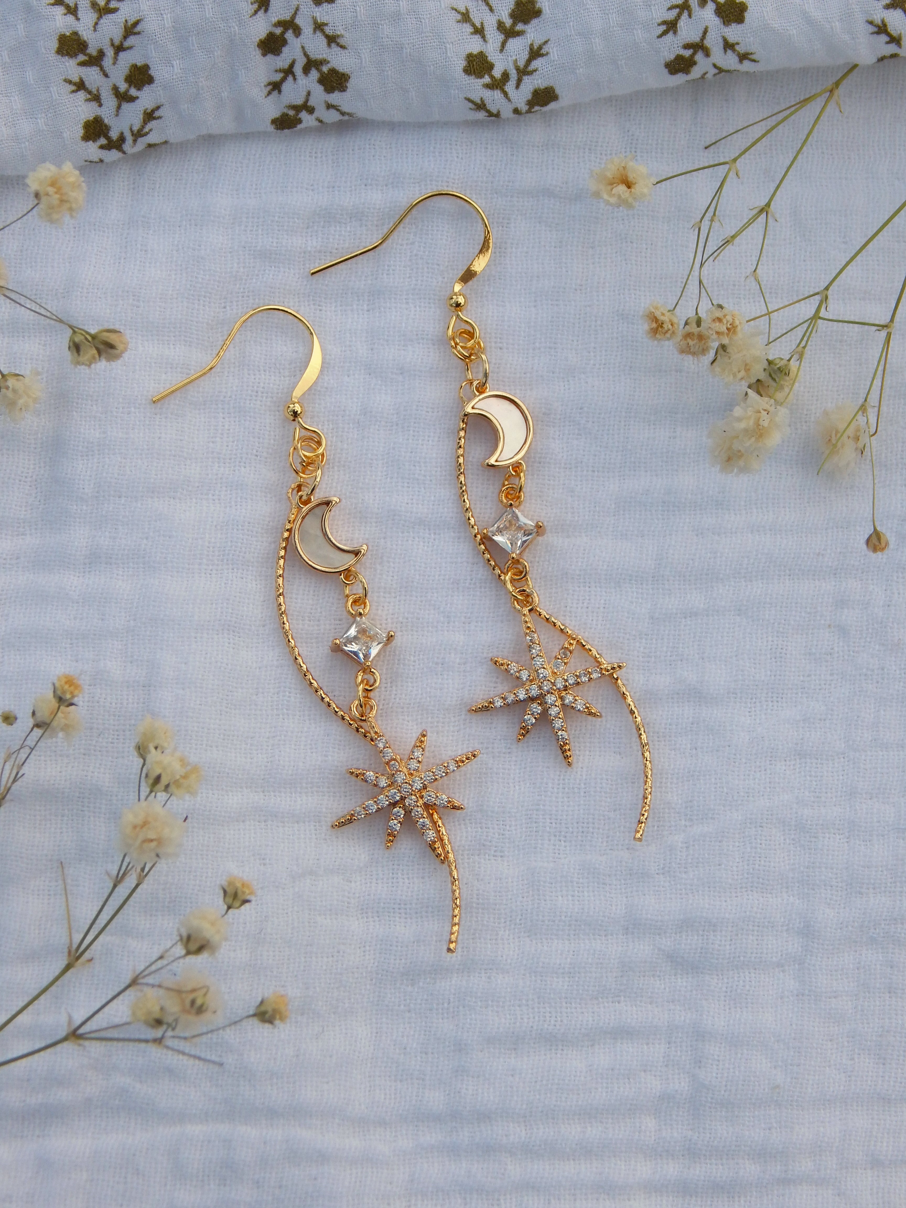 North Star Drop Earrings – Mother of Pearl Moon & CZ Star Dangles | Gold Celestial Earrings in White or Pink CZ