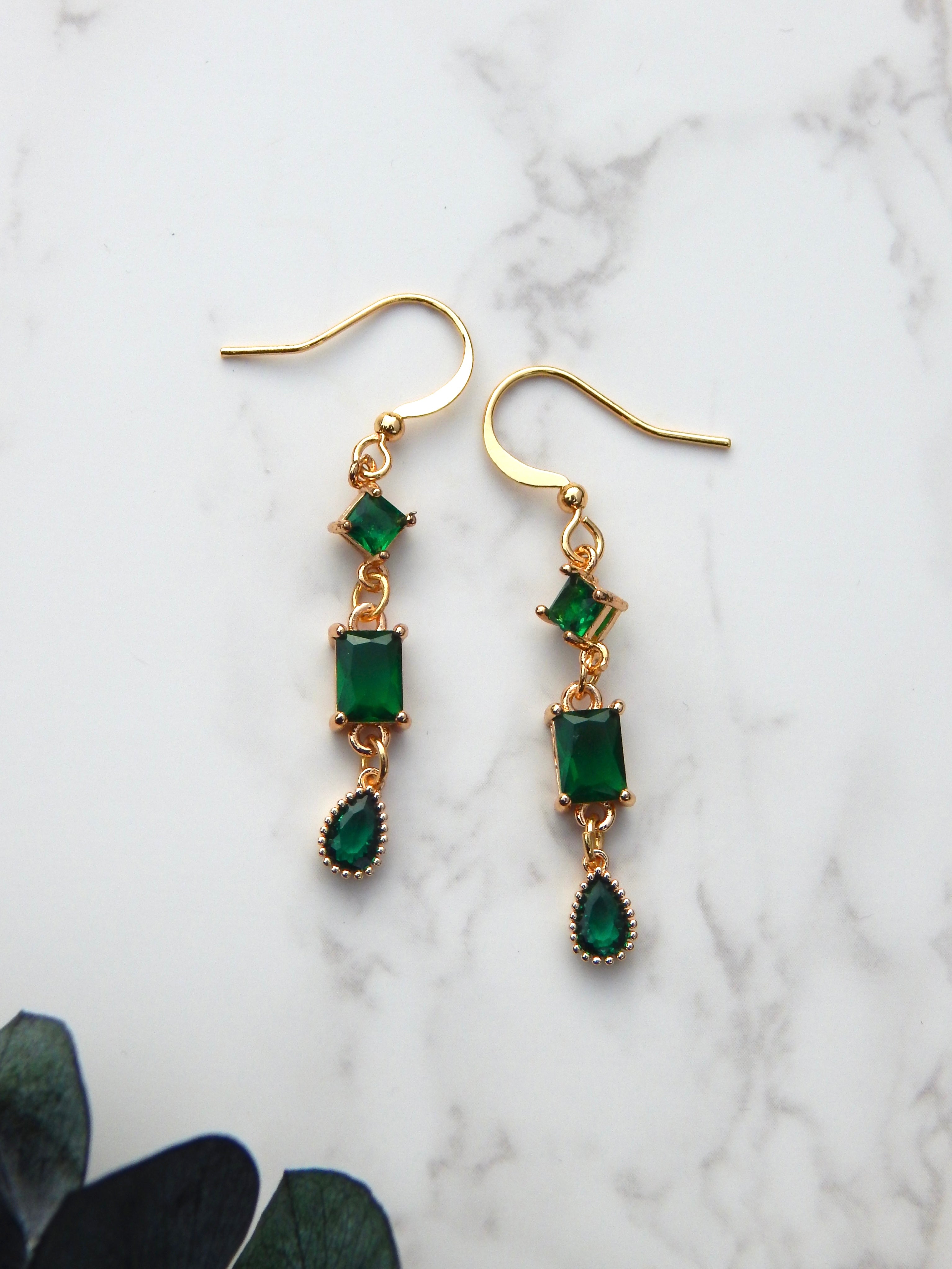 Green Gold Geometric Dangle Earrings